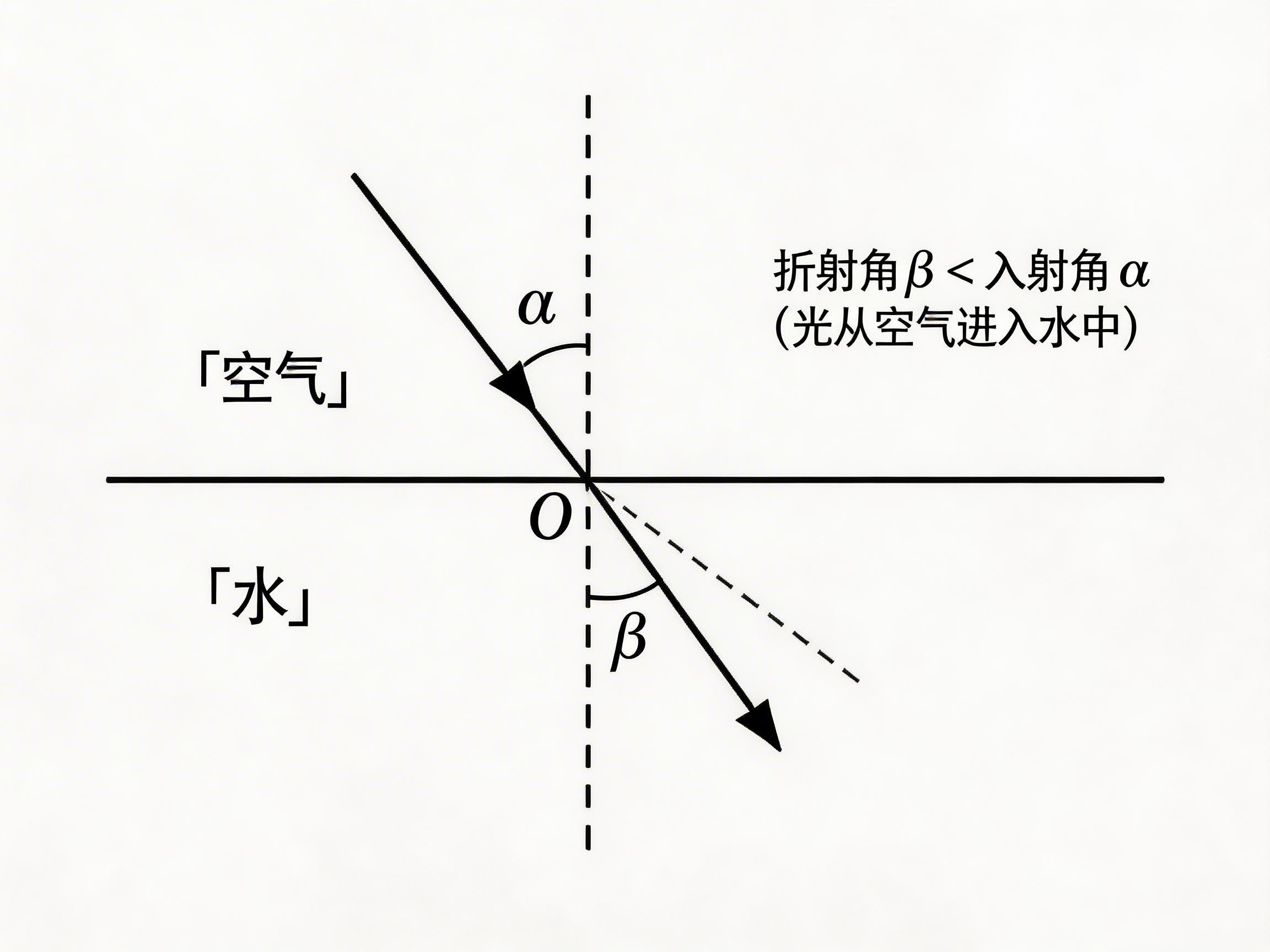 图中展示了一张关于物理光学折射原理的示意图。画面背景为纯白色，由简单的黑色线条和文字组成。一条水平实线将画面分为上下两部分，上方标注为「空气」，下方标注为「水」。一条垂直的虚线穿过水平线，作为法线。一条带箭头的实线从左上方射向中心点 O，代表入射光线，它与法线的夹角标注为希腊字母 α（入射角）；另一条带箭头的实线从点 O 向右下方延伸，代表折射光线，它与法线的夹角标注为 β（折射角）。画面右侧配有文字说明：“折射角 β < 入射角 α（光从空气进入水中）”。

在 AI 生成缺陷方面，这张图片表现得相对规整，但仍存在细微的视觉异常：折射光线在穿过界面 O 点时，其线条的粗细与入射光线略有不一致，且 O 点处的交汇显得不够平滑。此外，画面右下角有一条多余的斜向虚线，它既不是光线也不是法线，在标准的物理原理图中属于干扰元素，容易引起理解上的歧义。字母 α 和 β 的字体样式略显生硬，不完全符合标准学术排版的审美。