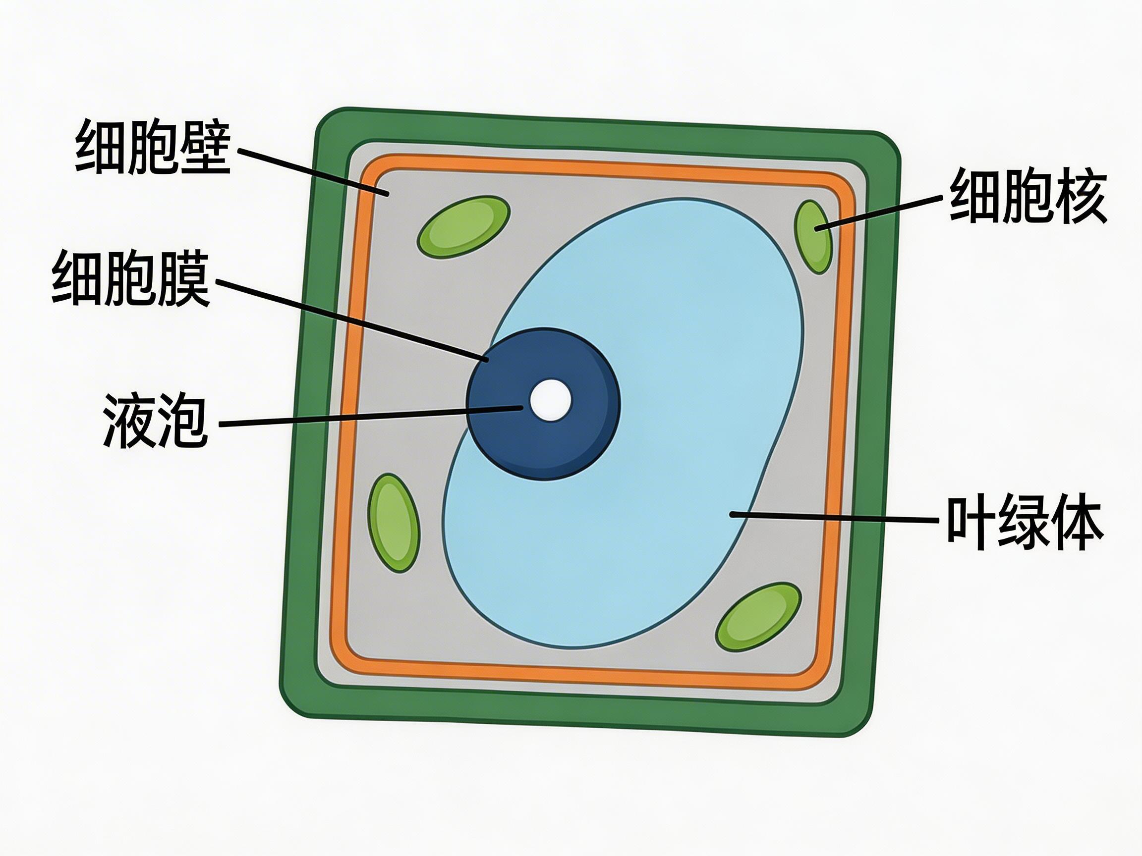 图中展示了一张模拟植物细胞结构的科普示意图，背景为纯白色。画面中央是一个圆角矩形结构的细胞模型，由外向内依次由绿色、灰色和橙色的线条勾勒出轮廓。细胞内部包含几个主要的几何形状：中心是一个巨大的淡蓝色椭圆形，其左侧叠放着一个深蓝色的圆形，圆心处有一个小白点；四周分布着四个绿色的小椭圆。

这张图片存在明显的 AI 生成缺陷，导致生物学逻辑完全错误。首先，文字标注与指向的结构严重不符：左侧的“细胞壁”指向了内部空间，“细胞膜”指向了深蓝色的圆圈（通常应为细胞核），而“液泡”则指向了该圆圈中心的白点。右侧的“细胞核”指向了一个绿色的小椭圆（通常应为叶绿体），而“叶绿体”却指向了巨大的淡蓝色区域（通常应为液泡）。此外，文字笔画略显生硬，线条交接处不够严谨，整体构图虽简洁但科学性完全失效。