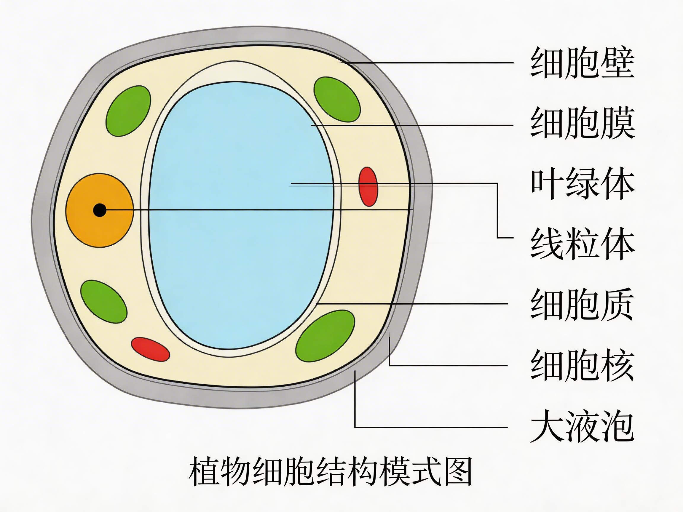 画面中展示了一张植物细胞结构模式图。图片中心是一个巨大的淡蓝色椭圆形，代表大液泡，占据了细胞的大部分空间。液泡周围是淡黄色的细胞质，其中散布着四个绿色的椭圆（叶绿体）、两个红色的小椭圆（线粒体）以及左侧一个橙色圆圈内含黑点的结构（细胞核）。细胞最外层由灰色的厚边（细胞壁）和紧贴其内的细线条（细胞膜）包裹。右侧排列着中文标注，并有引线指向对应的结构。

这张图片存在明显的 AI 生成缺陷：标注文字与引线之间存在严重的逻辑错误。例如，“细胞壁”的引线指向了内部，“细胞核”的引线指向了最外层的细胞壁，而“大液泡”的引线则指向了细胞膜。此外，部分引线在穿过细胞内部时出现了断裂或重叠，且“线粒体”的引线分叉指向了两个不同的位置，整体标注系统完全错乱，不具备科学参考价值。