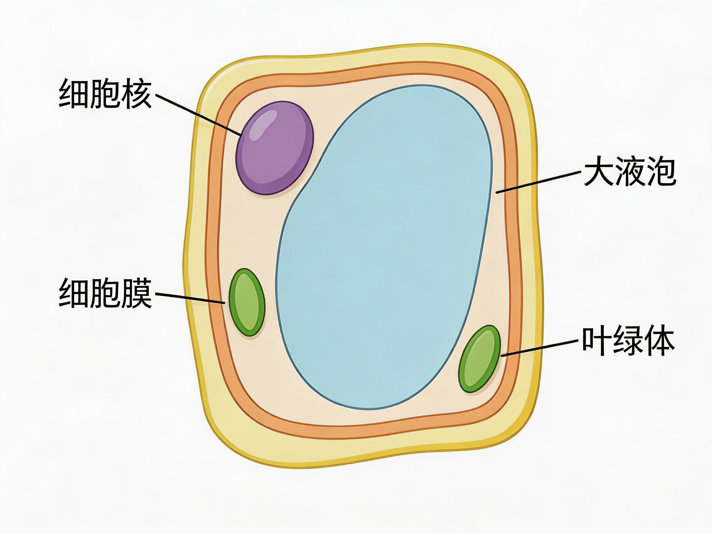 图中展示了一张简化的植物细胞结构示意图，采用卡通手绘风格，背景为纯白色。画面中央是一个圆角矩形形状的细胞，由外向内分别用黄色、橙色和细黑线勾勒出细胞壁和边缘结构。细胞内部占据最大空间的是一个浅蓝色的“大液泡”；左上方是一个紫色的椭圆形“细胞核”；下方分布着两个绿色的小椭圆，标注为“叶绿体”。画面左右两侧有四条黑色引线，分别指向对应的结构并配有简体中文标注。

在 AI 生成的缺陷方面，这张图片存在明显的逻辑和标注错误：首先，左侧的引线将“细胞膜”错误地指向了一个绿色的叶绿体，而非细胞边缘的薄膜层；其次，右侧的引线将“大液泡”指向了细胞壁与液泡之间的空白区域，并未准确触及蓝色部分。此外，细胞壁的线条粗细不均，且缺乏线粒体等其他必要的植物细胞器，作为科学教学示意图其准确性较低。