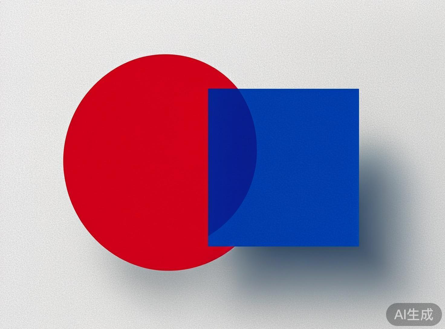 图中展示了一个极简主义风格的几何构图，背景是带有细微颗粒质感的浅灰色平面。画面的主体由两个重叠的几何图形组成：左侧是一个鲜艳的正红色圆形，右侧是一个深蓝色的正方形。蓝色正方形覆盖在红色圆形的右半部分之上，重叠区域呈现出一种更深的暗蓝色，仿佛具有半透明的叠加效果。蓝色正方形的右侧和下方投射出了柔和的深灰色阴影，营造出一种悬浮在背景之上的立体感。在画面的右下角，有一个半透明的灰色圆角标签，上面写着白色的“AI生成”字样。这张图片的 AI 生成缺陷主要体现在光影逻辑的不一致：蓝色正方形拥有明显的投影，但左侧的红色圆形却完全没有投影，这种透视和光影处理上的缺失使得两个物体在同一空间内的关系显得不够自然。