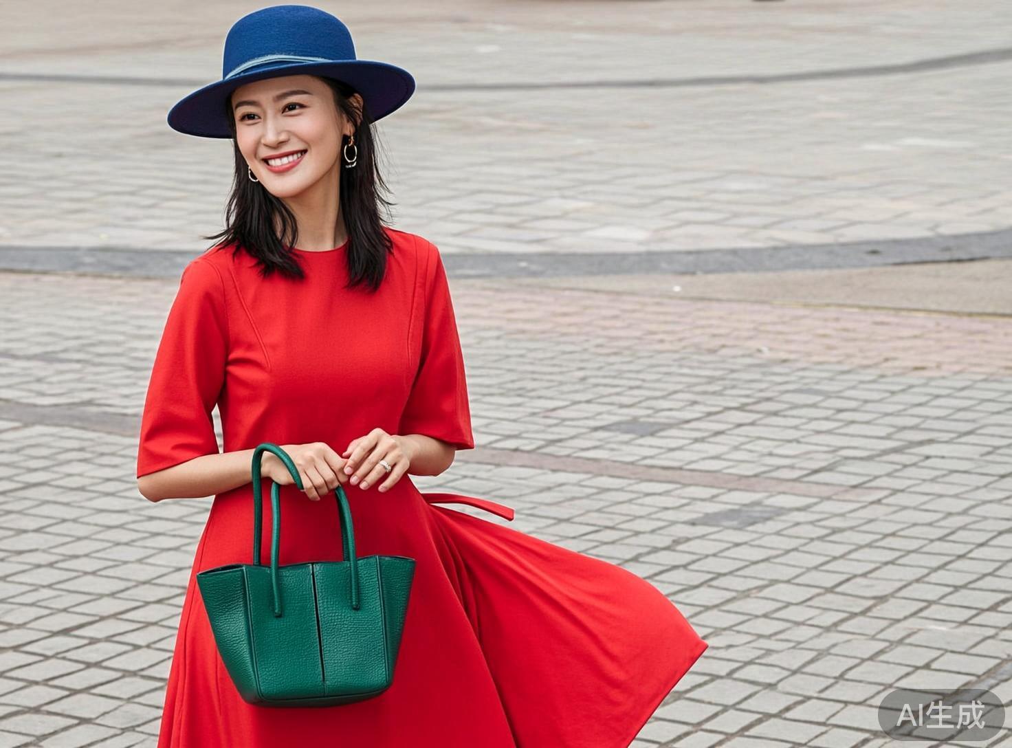 图中展示了一位面带微笑的亚洲女性，她正站在一片由灰色砖块铺成的开阔广场上。这位女性留着黑色中长发，头戴一顶深蓝色的宽檐礼帽，身穿一件鲜艳的大红色短袖连衣裙，裙摆随风向右侧飘起。她双手提着一个墨绿色的皮质手提包，整体色彩对比强烈。背景是略显模糊的城市广场地面，透视关系较为平缓。

在 AI 生成的细节方面，画面存在明显的逻辑缺陷：最显著的是人物的手部，她提包的左手手指线条混乱，指节数量和形状异常，且手指与包带的穿插关系不自然。此外，她右耳佩戴的金属耳环呈现出两个重叠的圆环，形状扭曲且缺乏合理的悬挂逻辑。连衣裙左侧腰间莫名出现了一条多余的红色布料，像是断开的腰带，与衣服的主体结构无法衔接。右下角带有明显的“AI生成”水印。
