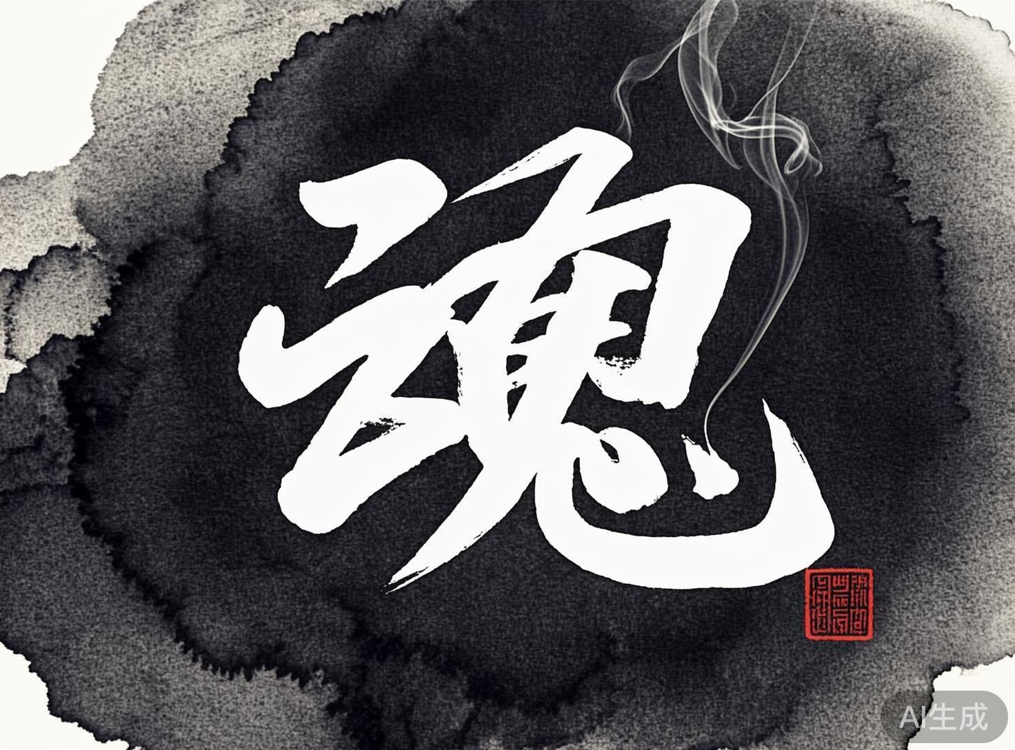 画面中呈现出一幅具有中国水墨风格的艺术作品。背景是一团巨大的、边缘带有晕染效果的黑色墨迹，在白色底纸上显得深沉而有张力。画面中央是一个巨大的白色草书字体，形似汉字“魂”，笔触苍劲有力，带有明显的飞白效果。字体的右上角升腾起几缕细腻、半透明的白色烟雾，为画面增添了一丝灵动与神秘感。右下角盖有一枚红色的方形仿古印章。作为 AI 生成的图像，画面存在明显的逻辑缺陷：中央的“魂”字并非标准写法，其偏旁部首被随意组合，结构支离破碎，无法作为真实汉字识别；右下角的红色印章纹路杂乱，只是一些模拟篆刻风格的线条，并不包含真实的文字内容。整体构图简洁，黑白红三色对比强烈，营造出一种中式禅意氛围。