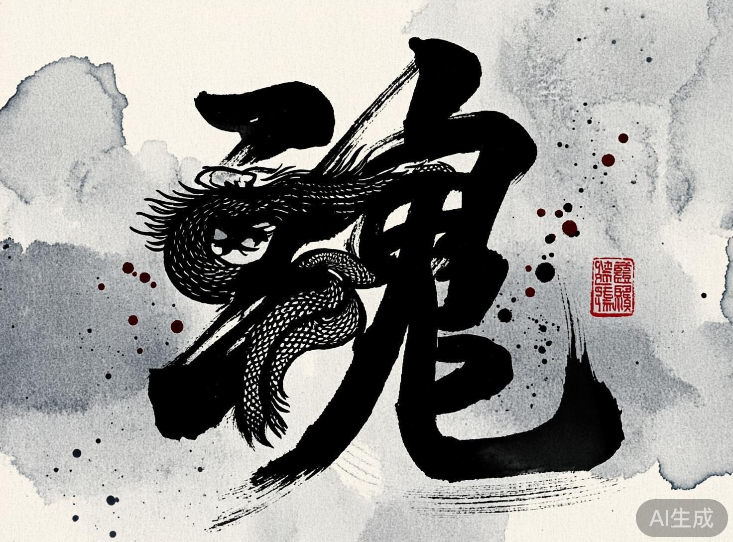 图中展示了一幅极具视觉冲击力的水墨风格书法作品。画面中心是一个巨大的黑色汉字“魂”，笔触苍劲有力，带有明显的枯笔飞白效果。特别之处在于，字体的左侧结构被巧妙地替换成了一条盘绕的黑龙，龙身布满细腻的鳞片，龙首向左探出，须发张扬，与右侧厚重的笔画融为一体，展现出龙魂合一的意境。背景是淡灰色的水墨晕染，伴有零星散落的黑色和暗红色墨点，右侧盖有一枚红色的方形仿古印章。

在 AI 生成的细节方面，存在一些明显的逻辑缺陷：首先，中心汉字“魂”的结构并不标准，左侧的“云”部被龙形完全取代后，与右侧“鬼”部的连接显得生硬且不符合书法法度；其次，右侧的红色印章虽然外形逼真，但其中的篆刻文字是杂乱无章的线条，并非真实的汉字；此外，龙的身体构造在与笔画交汇处显得有些混乱，缺乏清晰的解剖逻辑。