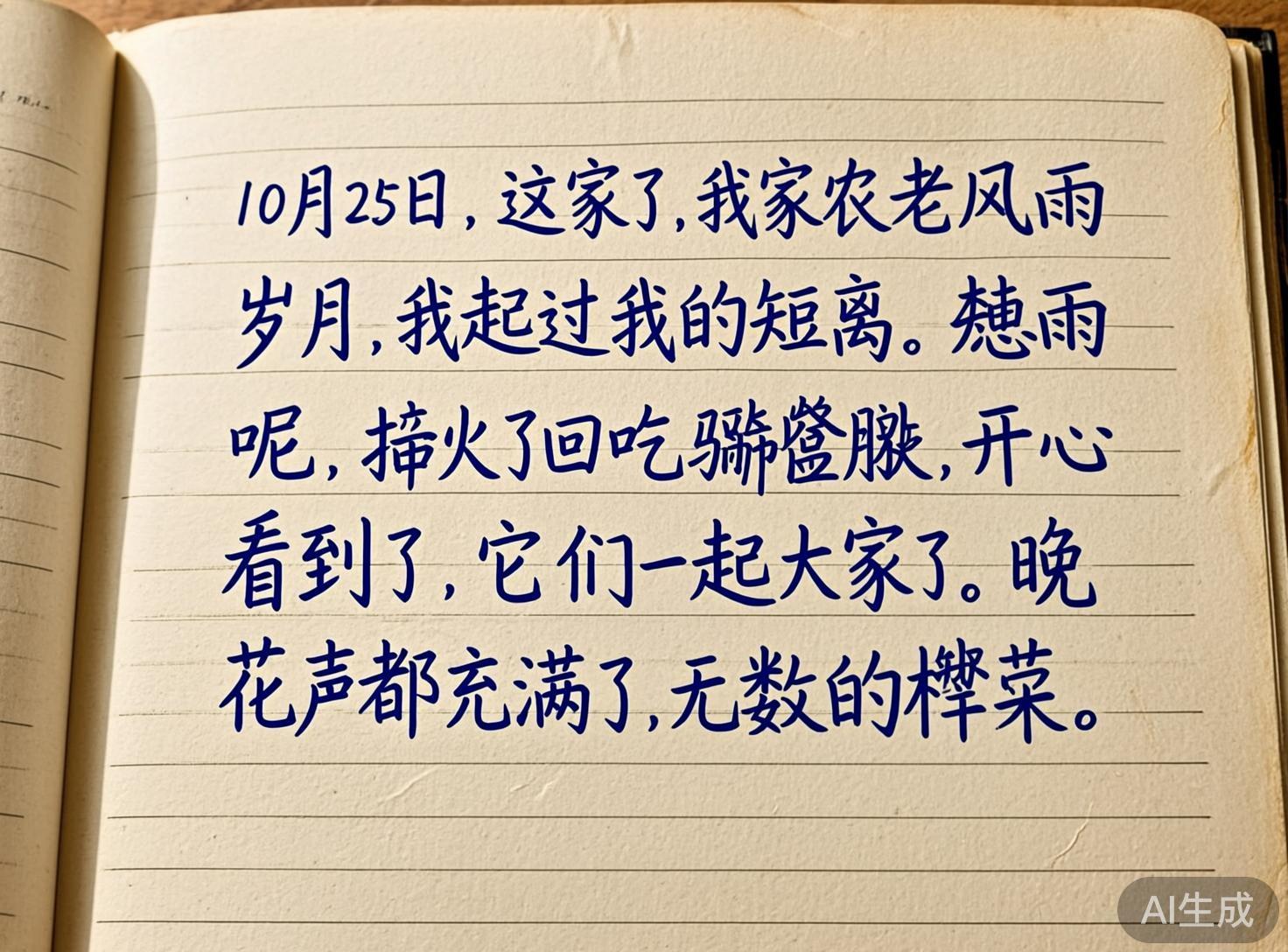 画面中展示了一本打开的横线笔记本，纸张呈现出怀旧的淡黄色，背景是模糊的木质桌面。笔记本上用深蓝色的墨水书写了五行手写体中文字符，字迹工整且带有连笔。构图上，笔记本占据了画面的绝大部分，光线从右上方斜射入，在左侧装订处留下了淡淡的阴影。然而，这张图片存在明显的 AI 生成缺陷：文字内容逻辑混乱，虽然每个字看起来都像汉字，但组合在一起完全不通顺，甚至出现了许多现实中不存在的“伪汉字”或结构畸形的错字（如第三行和第五行中的部分字符）。此外，文字并未完全对齐横线，部分笔画悬浮在空中或穿透了纸张纹理，右下角还带有明显的“AI生成”水印，显示了其非人工书写的本质。