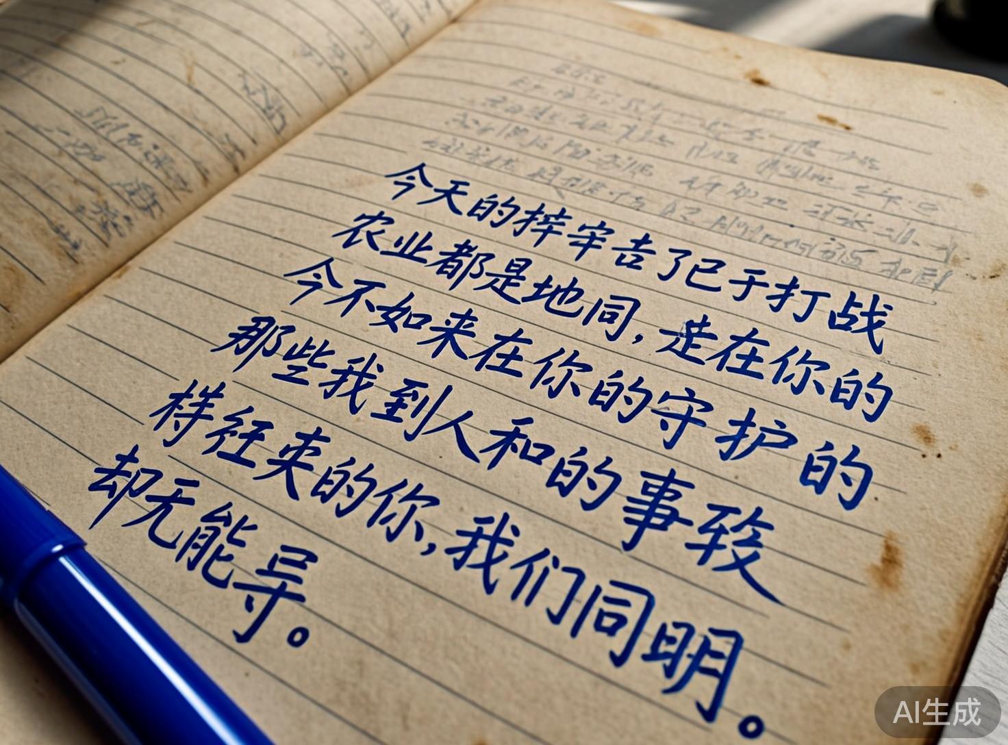 图中展示了一本翻开的旧笔记本，纸张泛黄且带有岁月的斑驳痕迹。画面采用近景俯拍视角，左下角露出一支蓝色签字笔的笔盖。笔记本的右页写满了深蓝色的手写体中文字符，字迹工整但内容逻辑混乱。背景光线柔和，从右上方投射下淡淡的阴影，营造出一种怀旧的氛围。

作为一张 AI 生成的图片，画面存在明显的逻辑和视觉缺陷：首先是文字内容，虽然每个汉字清晰可辨，但组合在一起却语意不通，出现了如「梓牢」、「地同」、「无能导」等无意义的词组，且部分笔画结构生硬。其次，背景中模糊的文字呈现出无规律的乱码感，并非真实的笔记。此外，笔记本的横线条纹在靠近书脊处发生了不自然的扭曲，与纸张的物理折痕不匹配，暴露出 AI 在处理复杂空间透视和文本逻辑上的局限。