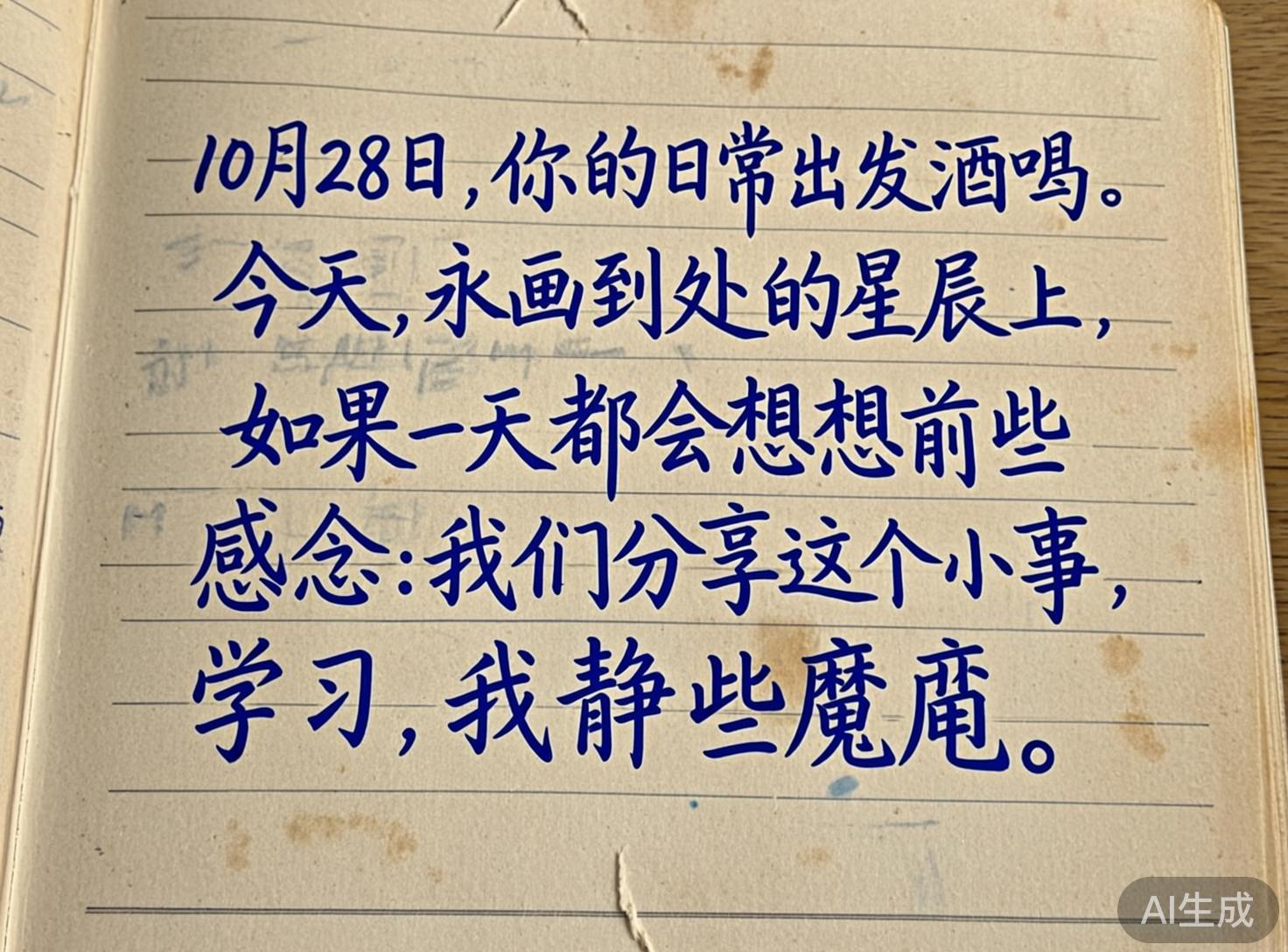 图中展示了一本泛黄且带有陈旧感的手写笔记本，纸张上有明显的横线，并分布着一些深浅不一的褐色污渍和磨损痕迹。画面中心是用深蓝色墨水书写的五行中文，字体呈现出一种略显生硬的硬笔书法风格。文字内容虽然每个字都清晰可辨，但逻辑语序非常混乱，读起来并不通顺，例如“你的日常出发酒喝”、“我静些魔庵”等短句，充满了 AI 生成文本时常见的语义逻辑错误。此外，画面中存在明显的 AI 生成缺陷：背景纸张的横线在文字下方出现了不自然的断裂和扭曲，左侧边缘有模糊的重影文字，且纸张顶部的破损边缘看起来像是不规则的色块堆叠，缺乏真实的物理质感。右下角还带有一个半透明的“AI生成”灰色标签。