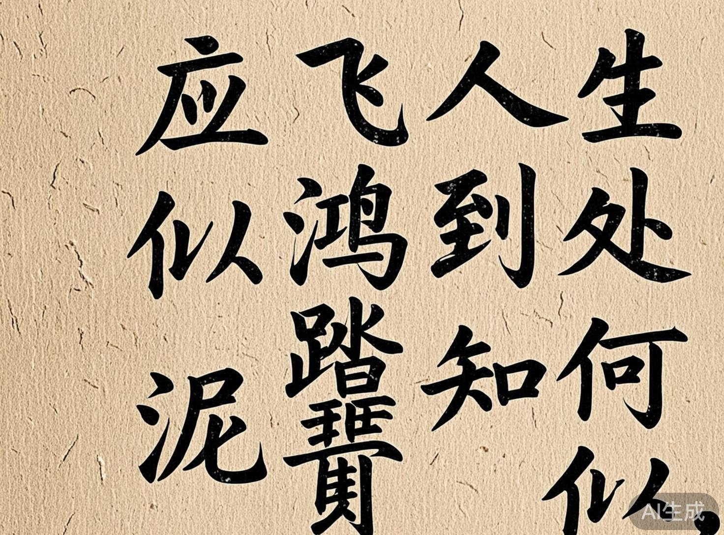 图中展示了一幅模拟中国书法风格的画面，背景呈现出带有粗糙纤维质感的淡黄色宣纸效果，纸面上有细微的褶皱和纹理。画面中心排列着数行黑色的毛笔楷书字体，内容试图引用苏轼的诗句。在构图上，文字从左至右排列，笔触模仿了水墨的干湿浓淡，具有一定的艺术感。然而，作为 AI 生成的图像，画面存在明显的文字逻辑和结构缺陷：首先，诗句顺序混乱，将“人生到处知何似，应似飞鸿踏雪泥”拆解并错误地重组为“应飞人生，似鸿到处，泥踏知何似”，语义不通；其次，部分汉字出现了严重的 AI 生成错误，例如“踏”字下方的部件扭曲变形，变成了无法辨认的乱码符号，且“雪”字完全缺失，被错误的笔画替代。右下角还带有一个半透明的“AI生成”水印。