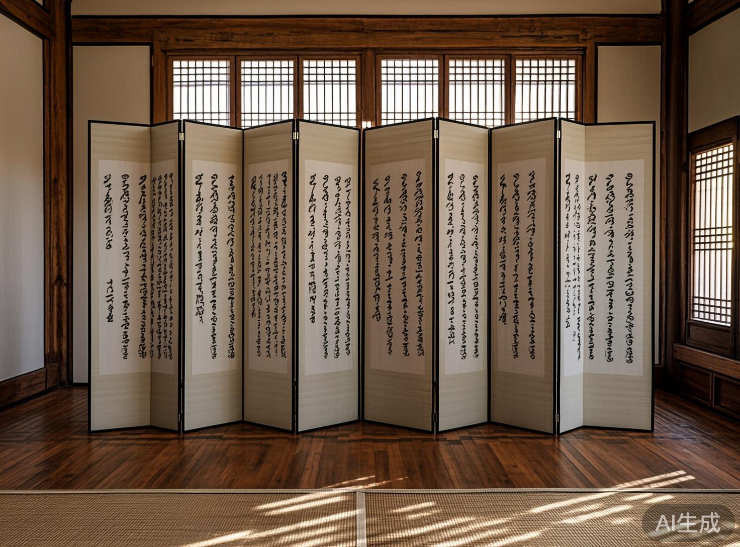 图中展示了一个充满古朴气息的室内场景，中心位置矗立着一扇巨大的八折屏风。屏风由深色木框镶嵌浅米色的纸面组成，每一扇屏风上都书写着密密麻麻的黑色草书文字。背景是传统的木质结构房屋，带有格栅状的窗户，阳光透过窗户洒在深褐色的木地板和前景的榻榻米草席上，形成斑驳的光影。整体色调以温暖的木色、米色和黑色为主，构图对称且具有纵深感。作为 AI 生成的图片，画面存在明显的逻辑缺陷：屏风上的文字虽然看起来像书法，但仔细观察会发现它们并非真实的汉字或任何已知语言，而是杂乱无章的线条堆砌；此外，屏风底部与地板接触的透视关系略显生硬，右侧窗户的格栅线条在光影交错处出现了模糊和扭曲，缺乏真实物理环境下的精确感。