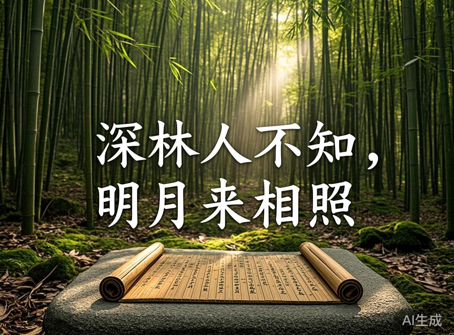 画面中展现了一幅充满诗意的翠绿竹林场景。背景是密集的竹林，阳光穿过竹叶缝隙形成明亮的丁达尔效应，光线柔和地洒在林间。前景是一块平整的青灰色石台，上面铺展着一卷古朴的竹简，石台周围点缀着青苔和枯叶。画面中央浮现着两行白色的楷体大字：“深林人不知，明月来相照”。整体色调以深绿和土黄色为主，营造出宁静幽远的意境。

作为 AI 生成的图像，画面存在明显的逻辑与视觉缺陷：首先，文字内容描述的是“明月”，但背景光效显然是白天的强烈日光，光影逻辑与诗句意境不符。其次，前景的竹简细节模糊，上面的文字并非真实的汉字，而是杂乱无章的黑色墨迹点位。此外，石台左侧的边缘与背景竹子的衔接处透视略显生硬，右下角标有明显的“AI生成”字样。