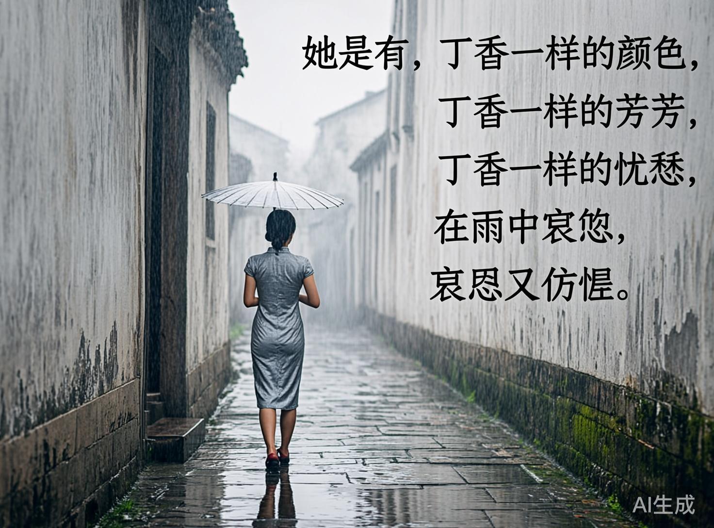 图中展现了一个充满怀旧与忧郁氛围的雨后江南小巷。画面中央是一位身着灰色修身旗袍的女性背影，她正撑着一把白色的油纸伞，独自走在湿漉漉的青石板路上。小巷两侧是斑驳的白墙黛瓦，墙根处长有青苔，远景在雨雾中显得朦胧。画面右侧配有黑色的简体中文字体，引用了戴望舒《雨巷》中的诗句。整体色调偏冷，以灰、白、青色为主，营造出一种凄清、迷茫的意境。在 AI 生成的细节方面，存在明显的逻辑缺陷：女子右手撑伞的姿势极不自然，手臂线条扭曲且似乎直接穿过了伞柄；左手消失在身体一侧，结构缺失；此外，地面上的倒影与人物脚步动作不完全匹配，右侧文字中的“哀怨”被错误地写成了“哀恩”，“彷徨”被误写成了“仿惺”，反映了 AI 在处理复杂汉字和人体结构时的局限性。