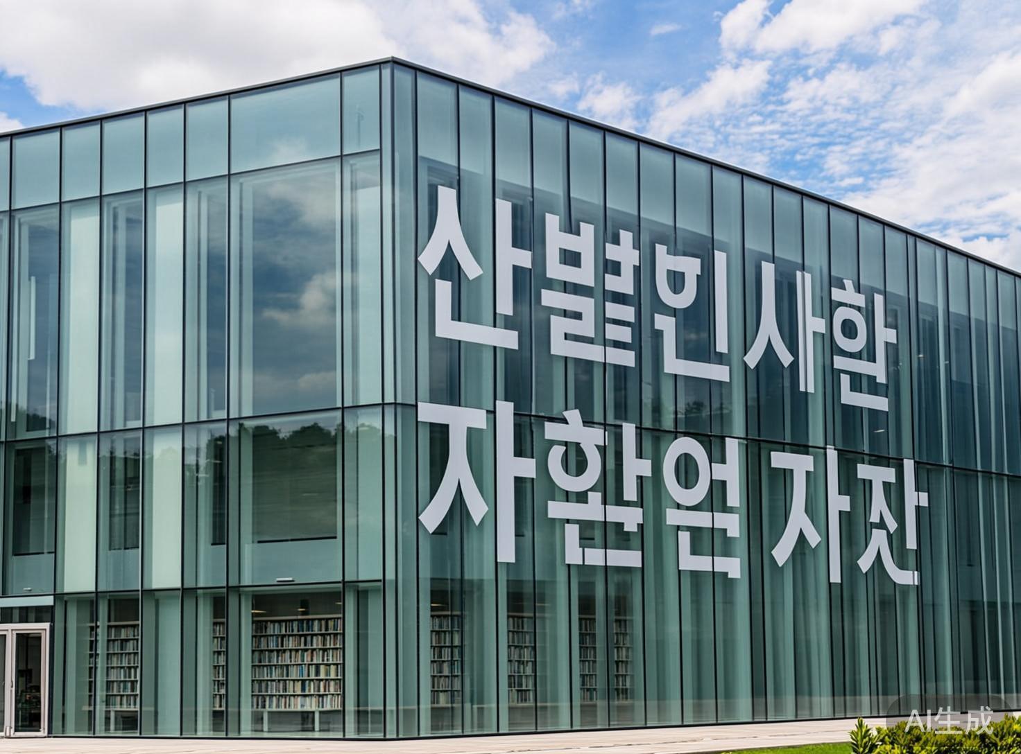 图中展示了一座现代化的玻璃幕墙建筑，在晴朗的蓝天白云映衬下显得十分通透。建筑由垂直的金属框架和淡青色的玻璃组成，底层内部隐约可见整齐排列的书架，透出图书馆般的文化气息。画面右侧的玻璃外墙上印有两行巨大的白色韩文艺术字，构成了视觉焦点。然而，作为一张 AI 生成的图片，画面存在明显的逻辑缺陷：玻璃上的韩文字符结构混乱，部分笔画重叠或缺失，并非真实的韩文词汇；建筑左侧的玻璃反射与内部结构在透视上显得不协调，线条衔接生硬。此外，右下角草坪边缘的植被细节模糊，且带有明显的“AI生成”水印。整体构图简洁，色调清新，但细节处的字符错误揭示了其非真实的本质。