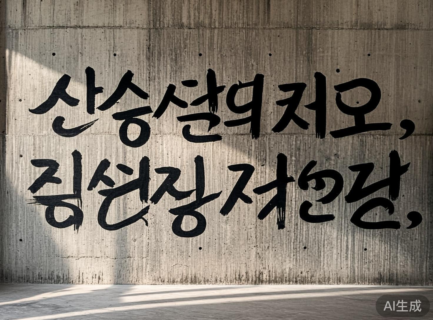 画面中展示了一面粗犷的灰色清水混凝土墙壁，墙上写有两行巨大的黑色韩文书法。光线从左上方斜射入画面，在墙面和粗糙的水泥地面上投射出明亮的三角形光斑与深沉的阴影，营造出一种工业风或极简主义的艺术氛围。文字笔触厚重，带有明显的毛笔书写质感，墨迹边缘略有晕染。作为一张 AI 生成的图片，其主要缺陷在于文字内容：虽然字符看起来像韩文，但实际上是无意义的乱码组合，部分笔画结构不符合真实的韩文书写逻辑，且笔画末端的飞白效果分布不够自然。此外，墙面上的圆形孔洞分布过于规律且有些模糊，与真实建筑中的拉杆孔细节略有出入。右下角带有浅灰色的“AI生成”水印。