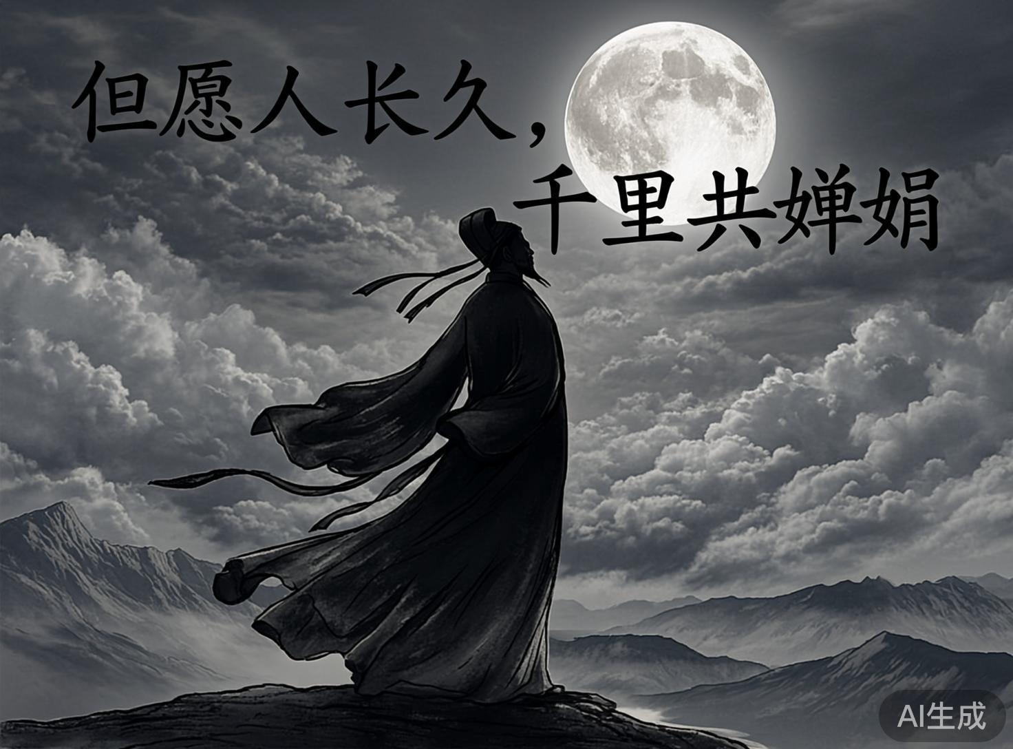 图中展现了一幅具有中国传统水墨风格的黑白意境画。画面中央是一位身着宽大长袍、头戴官帽的古装男子背影，他正伫立在山巅，仰望着右上方一轮巨大且明亮的圆月。背景是层峦叠嶂的山脉和翻滚的浓云，营造出一种辽阔而略显孤独的氛围。画面上方用黑色楷体字写着「但愿人长久，千里共婵娟」，右下角标注有「AI生成」字样。在 AI 生成的细节方面，存在明显的逻辑缺陷：人物的长袍下摆和腰间的飘带呈现出向左方剧烈飘动的态势，然而头顶官帽的系带却向右上方诡异地悬浮，背离了统一的风向逻辑。此外，人物足部的轮廓模糊不清，与山石接触的透视关系略显生硬，云层的纹理在明暗交界处也显得有些机械重复。