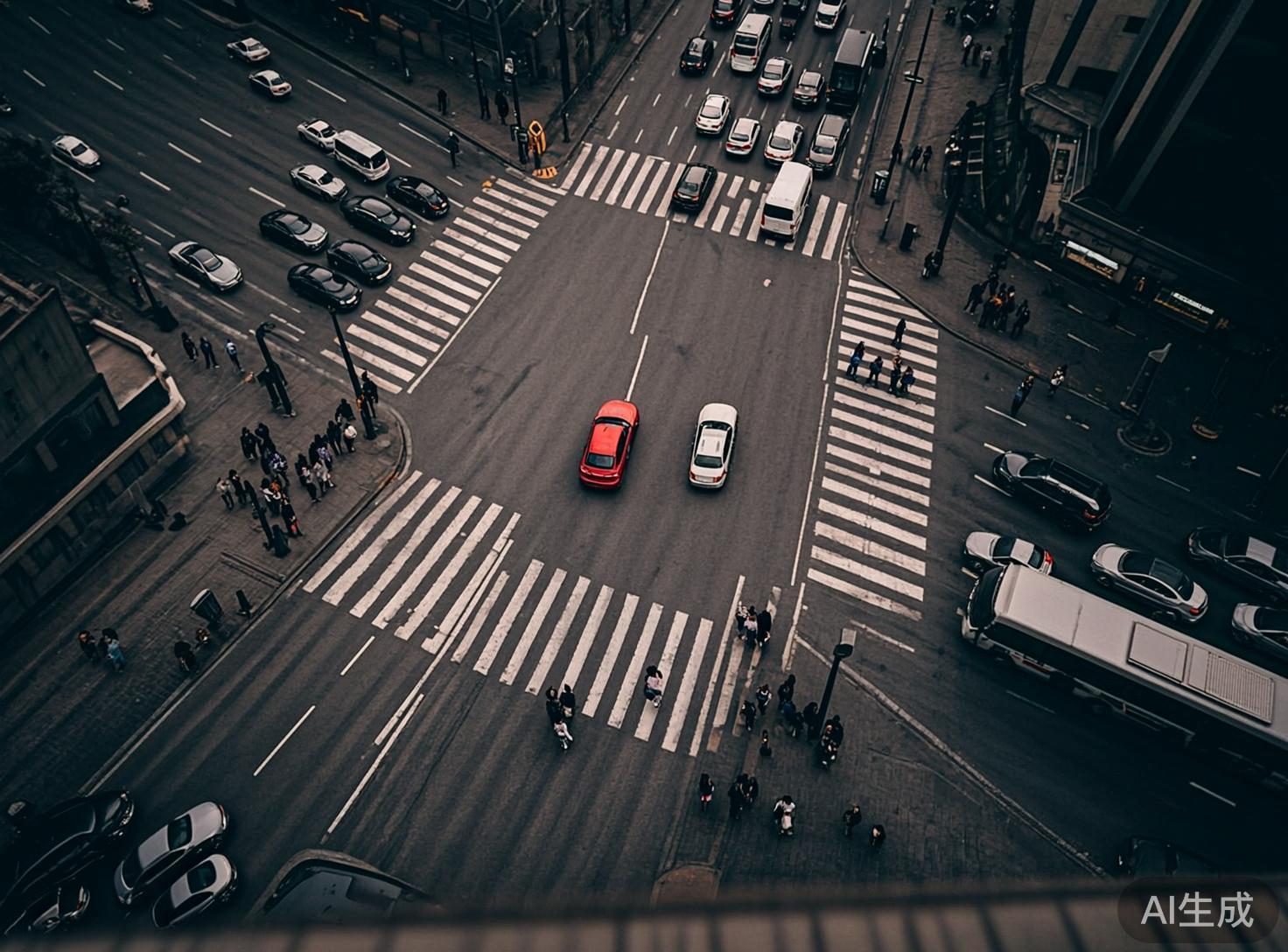 画面中是一个从高空俯瞰的城市十字路口，整体色调偏暗且冷峻，呈现出深灰色和墨绿色的质感。路口中心有两辆显眼的轿车，一红一白，正并排穿过交叉点。四周分布着密集的白色斑马线，行人如黑色的点状散布在人行道和路缘。道路上排列着许多行驶或停放的车辆，以黑、白、灰色为主。构图采用了倾斜的俯视角度，增强了都市的忙碌感。

然而，画面中存在多处明显的 AI 生成缺陷：首先，斑马线的逻辑极其混乱，线条长短不一且方向随机，甚至在路口中央凭空出现。其次，车辆的形态存在严重畸变，部分汽车的比例失调，有的车辆像是由两个车头拼接而成，且车轮与地面的接触显得虚浮。此外，行人的形态模糊且破碎，部分人影直接重叠在车道线上，缺乏合理的透视关系。右下角的大型巴士顶部线条扭曲，与周围环境的衔接非常生硬。