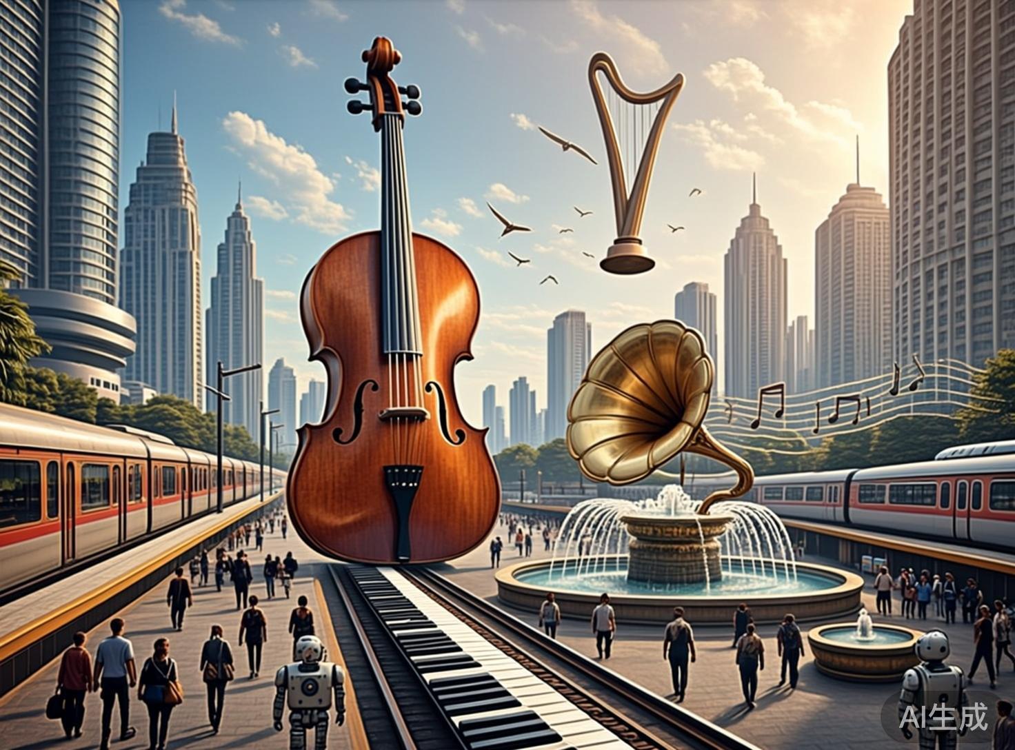 图中展现了一个融合了音乐元素与现代都市景观的超现实场景。画面中心是一把巨大的木制大提琴，它矗立在由钢琴黑白键组成的轨道上，轨道向画面下方延伸。右侧是一个金色的留声机喇叭形喷泉，正向圆形的池中洒水，上方漂浮着五线谱音符。天空中悬浮着一个巨大的金色竖琴，周围有成群的飞鸟。背景是密集的现代化摩天大楼，两侧停靠着红白相间的列车，许多行人和小型机器人在广场上走动。整体色调明亮，阳光从右上方洒下。

画面中存在明显的 AI 生成缺陷：首先，钢琴键轨道的透视逻辑混乱，琴键的排列与铁轨的融合显得生硬且不符合几何比例；其次，悬浮的竖琴缺乏支撑点，阴影表现不自然；远处的行人和机器人形体模糊，部分人物的肢体线条缺失或扭曲；左侧列车的窗户细节不一致，且部分建筑物的窗户纹理出现了重复堆叠的视觉错误。