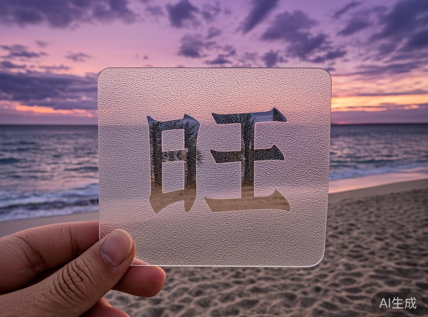 图中展示了一幅在海边落日余晖下的唯美画面。画面中心，一只左手捏着一块正方形的磨砂半透明玻璃板，背景是广阔的沙滩、平静的海面以及被晚霞染成紫色和橙色的天空。玻璃板中央有一个巨大的镂空汉字“旺”，透过这个字可以看到背景中清晰的海景，而玻璃板的其他部分则呈现出朦胧的磨砂质感。构图上采用了第一人称视角，将玻璃板置于视觉焦点。在 AI 生成的细节方面，存在明显的逻辑缺陷：捏住玻璃板的手指比例略显失调，指纹纹路过于密集且不自然；最显著的问题是，玻璃板左下角被手指捏住的地方，玻璃边缘似乎“嵌入”了手指皮肤中，缺乏真实的物理接触感；此外，镂空文字“旺”的笔画边缘过于锋利，与磨砂材质的衔接处显得有些生硬。