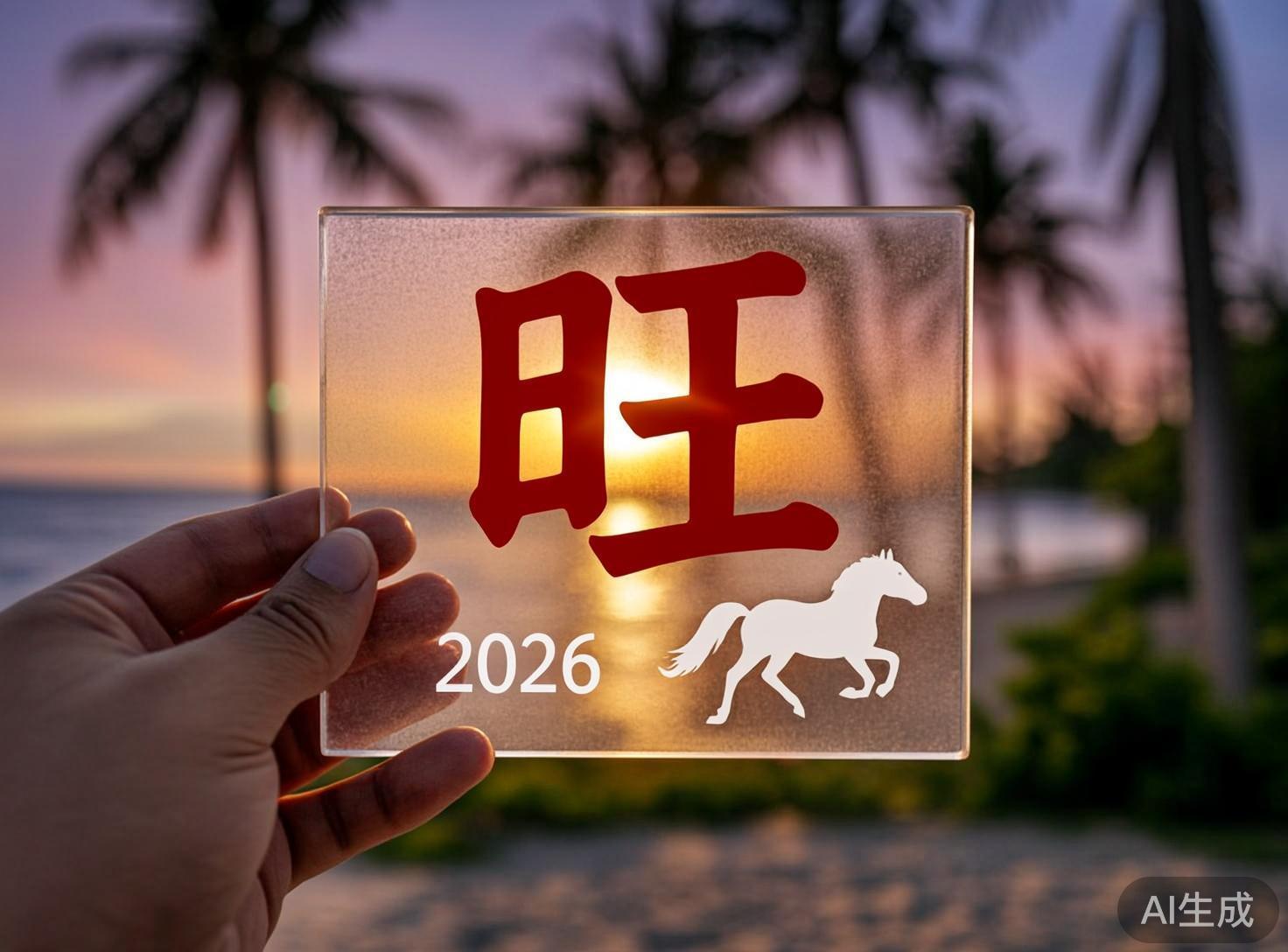 图中展示了一只左手捏着一块透明磨砂质感的正方形玻璃片，背景是黄昏时分模糊的椰林海滩。玻璃片中心印有一个巨大的红色楷体“旺”字，左下方有白色的年份数字“2026”，右下方则是一个白色的奔马剪影。落日的余晖穿过玻璃，为画面增添了温暖的橙黄色调。构图上，玻璃片位于画面中心，手部从左侧伸入。作为一张 AI 生成的图片，画面存在明显的逻辑缺陷：首先，2026 年在农历中应为马年，但画面中“旺”字通常与狗年（旺旺）相关联，生肖元素与文字寓意存在不匹配；其次，手部细节处理欠佳，大拇指的指甲形状略显生硬，且手指与玻璃边缘的接触位置缺乏自然的物理压痕；最后，玻璃片上的文字和图案像是悬浮在表面而非真实的印刷质感，透视关系略显平面化。