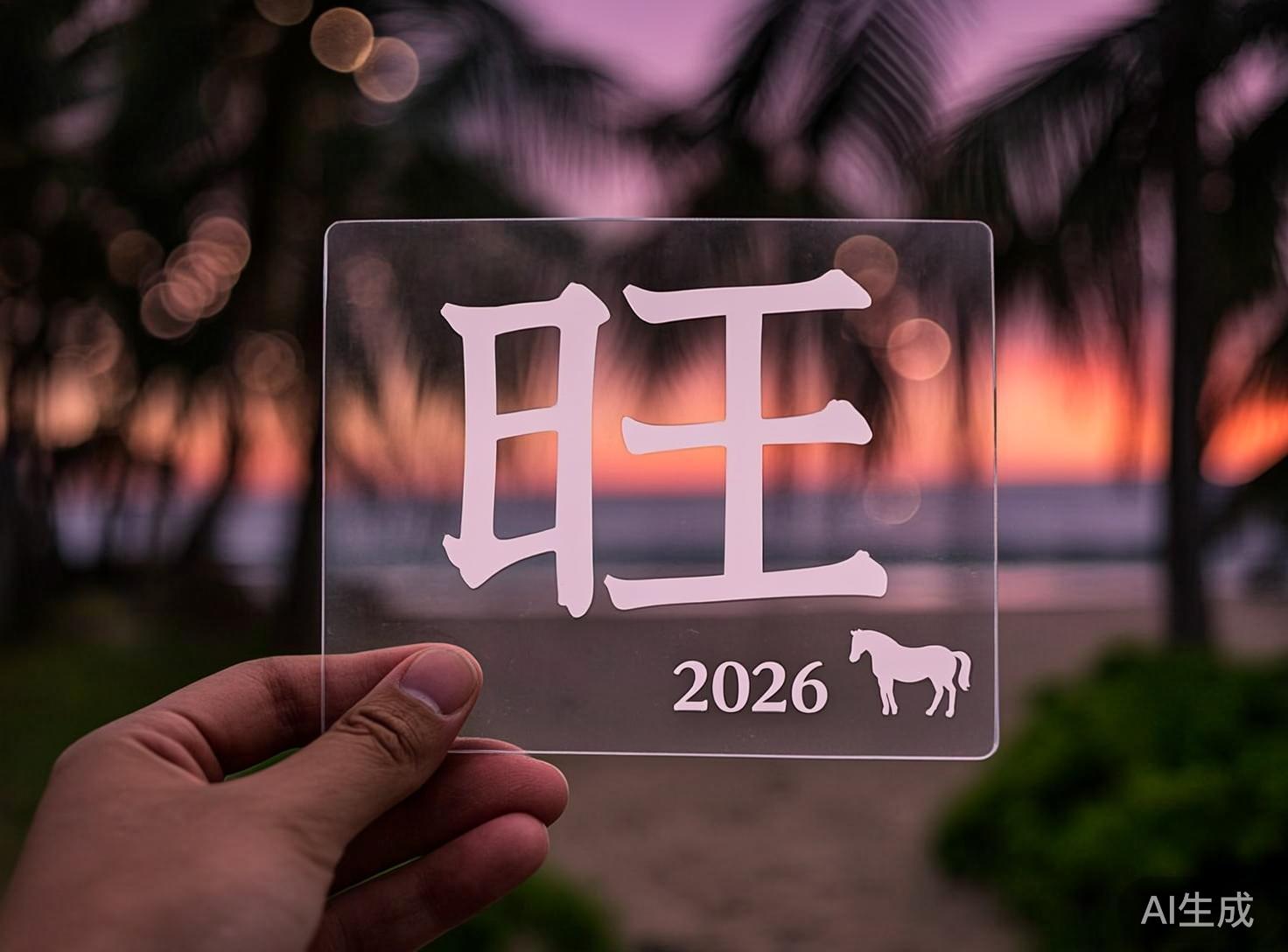 图中展示了一只左手拿着一块透明的方形亚克力板，背景是落日余晖下的海滩与棕榈树剪影。天空呈现出深紫色与橙红色的渐变，光线柔和。透明板的中心印有一个巨大的白色简体中文字“旺”，右下方印有数字“2026”以及一个白色的马匹剪影。画面构图以透明板为视觉中心，背景带有明显的虚化效果。在 AI 生成的细节方面，存在几处明显的逻辑缺陷：首先，2026 年在中国传统生肖中应为马年，但画面中的“旺”字通常与狗年（旺旺）相关联，存在文化意象的错位；其次，手持透明板的左手大拇指线条略显生硬，指甲形状不够自然；最后，透明板边缘的透视关系与背景的衔接略显违和，且马匹剪影的腿部线条过于简化，缺乏真实的生物结构感。