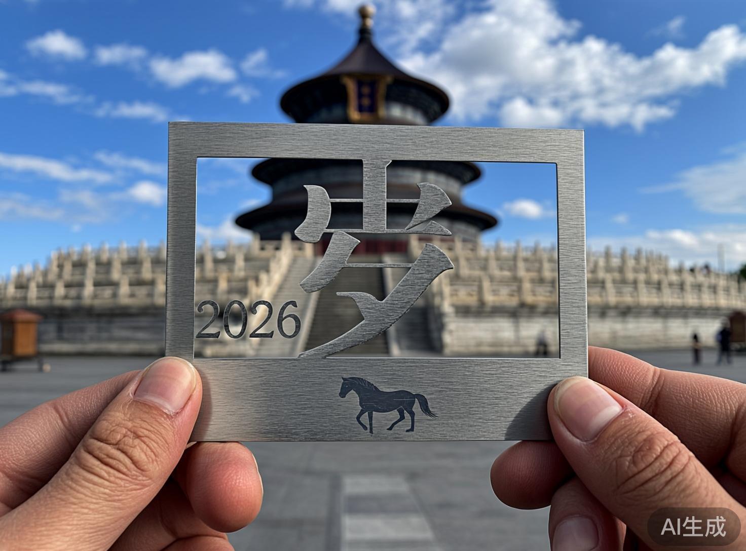 图中展示了一双人手正举着一张银灰色金属材质的镂空卡片，背景是蓝天白云下的北京天坛祈年殿。卡片中心镂空了一个巨大的汉字，其形状介于“岁”与“梦”之间，笔画结构并不规范。卡片左侧镂空有数字“2026”，下方印有一匹黑色奔马的剪影。双手的大拇指分别按在卡片的左右下角，指纹纹路清晰。背景的天坛建筑处于虚化状态，呈现出宏伟的圆形轮廓和汉白玉栏杆。画面整体色调明亮，构图居中。明显的 AI 生成缺陷在于卡片中心的汉字，其字形扭曲，无法辨认为标准的汉字，且卡片左侧边缘与背景的衔接处略显生硬，数字“2026”的镂空边缘也存在细微的透视不一致。此外，右下角背景中的行人身影模糊且比例略显失调。