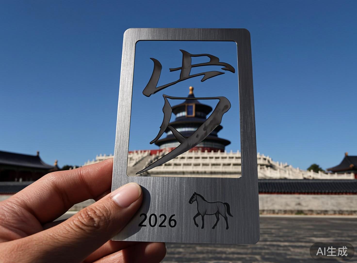 图中展示了一只左手拿着一张金属拉丝质感的长方形卡片，背景是北京天坛祈年殿在晴朗蓝天下的远景。卡片中心被镂空成一个巨大的汉字，其形状介于“岁”字与“步”字之间，透过镂空部分可以清晰看到远处的祈年殿。卡片下方印有数字“2026”和一匹马的简笔剪影。整体色调以金属银、天空蓝和古建筑的红白黑为主，构图呈现出一种文创纪念品的透视感。然而，画面存在明显的 AI 生成缺陷：首先，卡片中心的镂空汉字结构混乱，并非标准的汉字，笔画连接处生硬且不符合书法逻辑；其次，持卡的手指纹理过于粗糙且关节比例略显失调；最显著的错误在于年份与生肖的对应，2026 年在农历中应为马年，但画面中的马剪影线条断裂，且与数字的排版略显漂浮，缺乏真实的物理阴影。此外，背景中天坛的汉白玉栏杆细节在缩放处出现了重复和模糊的纹理异常。