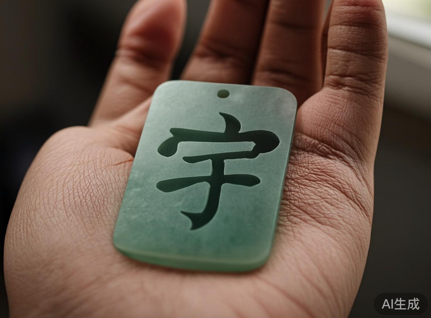 图中展示了一只摊开的手掌，掌心托着一块长方形的浅绿色玉石吊坠。这块玉石呈现出半透明的质感，表面镂空刻有一个大大的汉字，看起来像是“宇”字，但笔画结构略显生硬。玉石上方有一个圆形的穿孔，整体色调柔和，背景模糊，聚焦在手掌的纹理和玉石上。画面中存在明显的 AI 生成缺陷：首先是手部的解剖结构异常，手指的数量和排列显得不自然，尤其是最左侧的大拇指根部过于肥大且形状扭曲；其次，玉石上的汉字笔画虽然清晰，但并不符合标准的书法规范，显得有些支离破碎；此外，手掌皮肤的纹路在某些区域过于密集且重复，缺乏真实皮肤的自然变化。右下角标有“AI生成”的字样。
