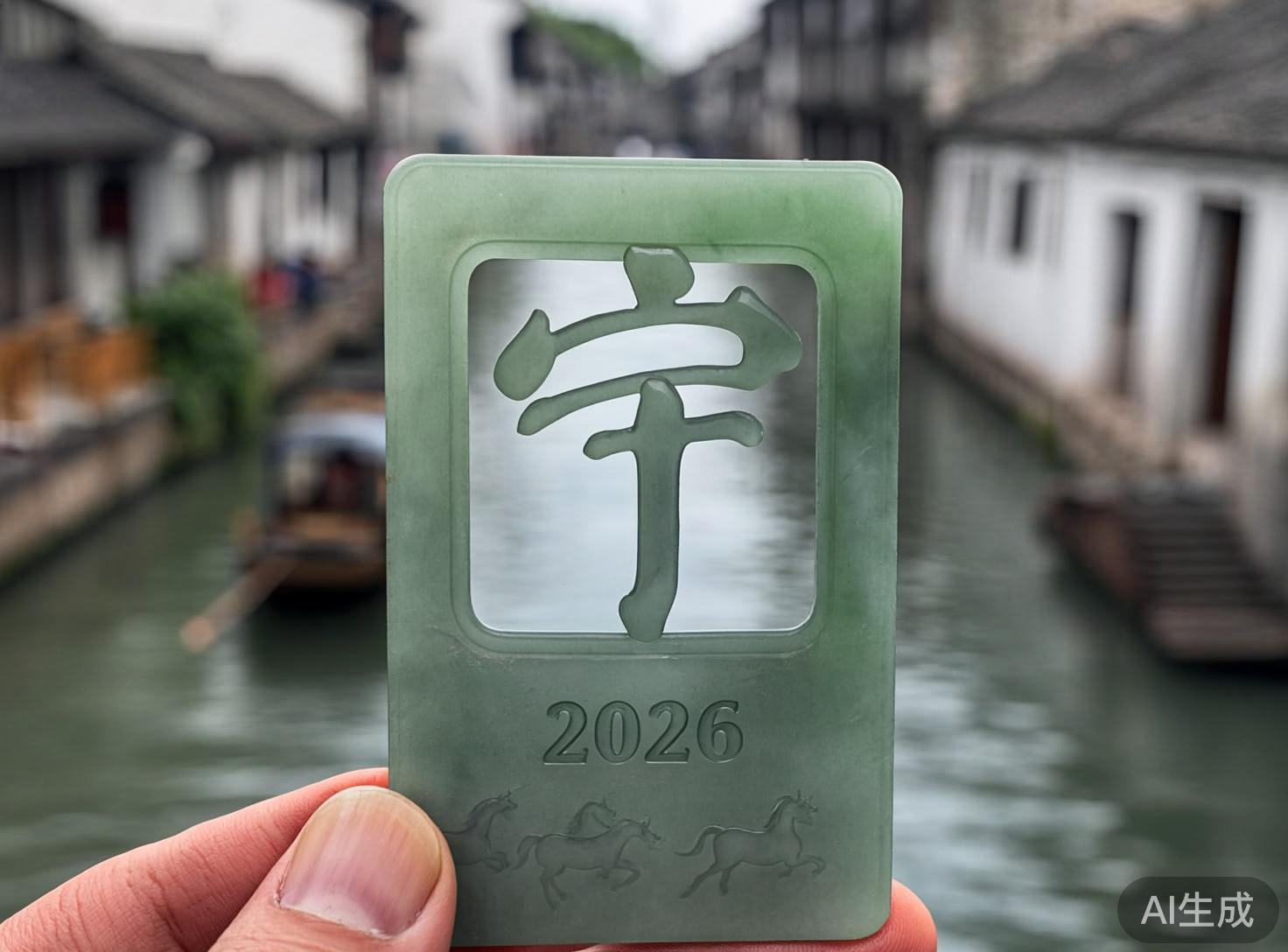 图中展示了一只手拿着一块长方形的青绿色玉牌，背景是模糊的水乡古镇。玉牌中心采用镂空工艺，雕刻出一个巨大的汉字“宁”，透过镂空处可以看到背景中的河流。玉牌下方刻有数字“2026”以及三匹奔马的浮雕图案。背景呈现典型的江南水乡景色，两岸是白墙黛瓦的古建筑，河道中心有一艘模糊的小船。画面色彩以玉石的青绿和建筑的灰白为主，色调清新。

在 AI 生成的细节方面，存在明显的逻辑和结构缺陷。首先，玉牌中间的“宁”字处于悬空状态，笔画之间以及与外框没有连接点，在物理现实中无法维持固定。其次，左下角捏住玉牌的手指指甲形状略显生硬，边缘与玉石的交界处不够自然。此外，背景中河岸建筑的透视关系在远处显得有些杂乱，线条不够严谨。