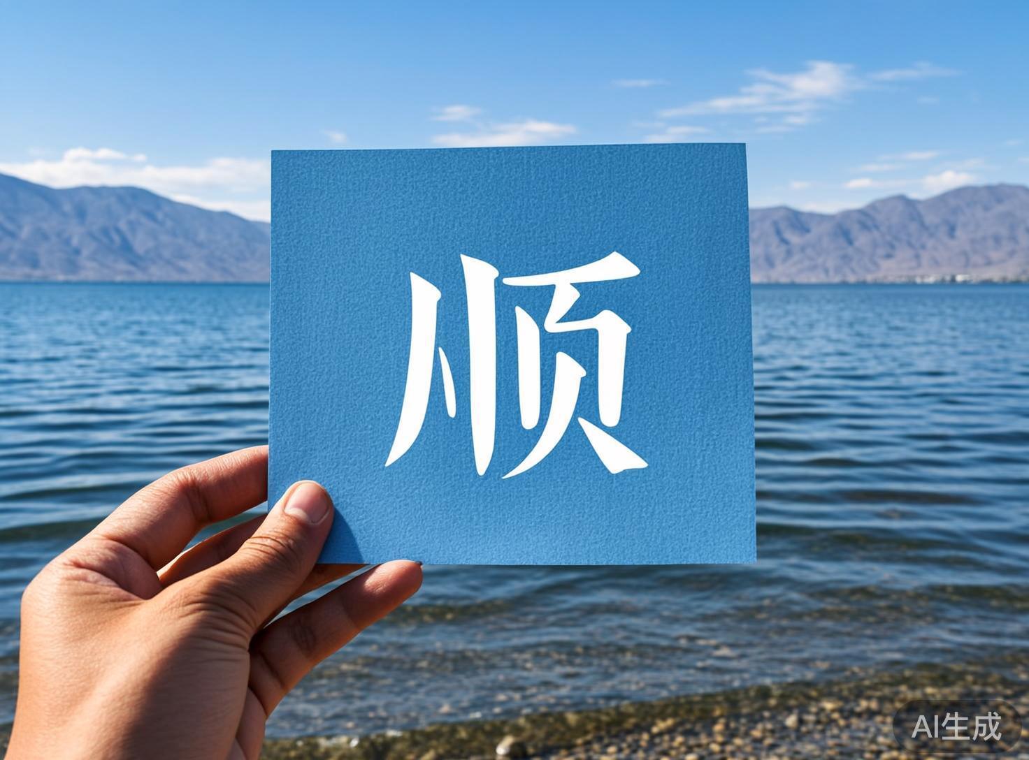 图中展示了一幅在户外自然美景中拍摄的特写画面。一只左手出现在画面左下方，正捏着一张正方形的蓝色卡片，卡片中心印有一个醒目的白色简体中文字“顺”。背景是一片宁静的湖泊，湖水呈深蓝色，泛着细碎的波纹，远方是连绵起伏的土褐色山脉，天空晴朗，飘着几朵轻薄的白云。整体色调清新自然，光影明亮。在 AI 生成的细节方面，存在明显的逻辑缺陷：画面左下角的手部结构异常，大拇指的指甲形状不自然，且在卡片边缘下方多出了一个无法解释的指尖或肉块，手指的关节连接处也显得有些僵硬。此外，卡片在手上的受力点与手指的抓握姿势不完全匹配，呈现出一种轻微的悬浮感。右下角标注有“AI生成”的字样。