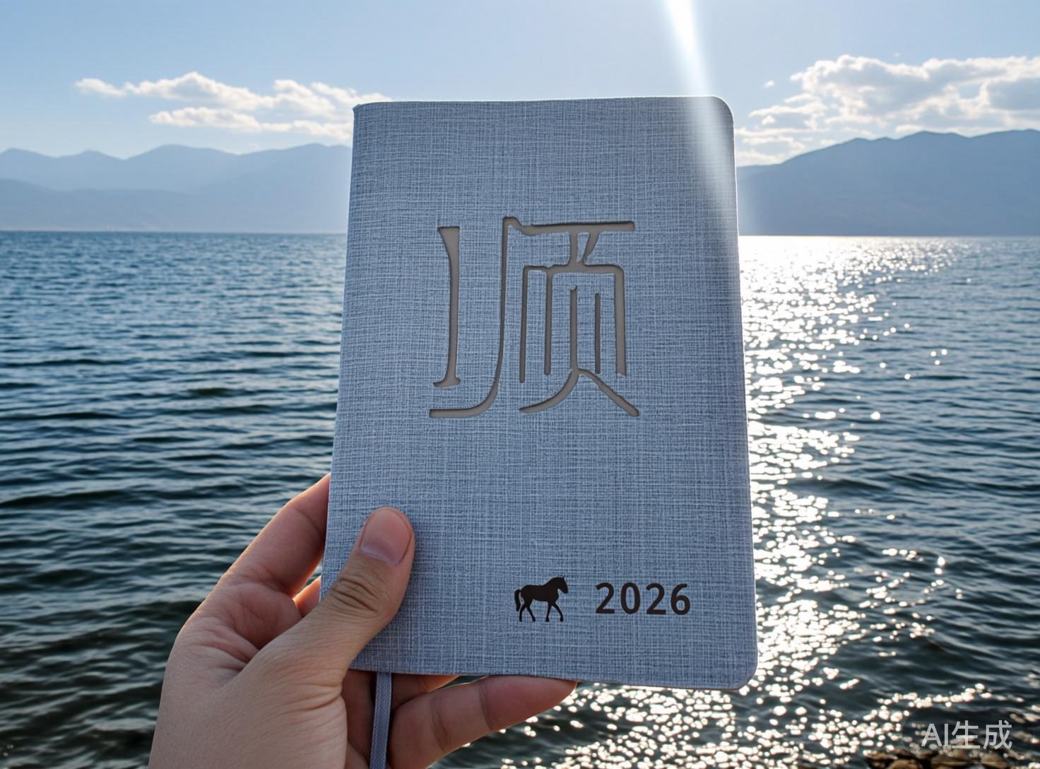 画面中，一只手在波光粼粼的湖泊前举起一本浅灰色的笔记本。背景是湛蓝的湖水、远处的连绵山脉和晴朗的天空，阳光在水面上洒下细碎的金色光斑。笔记本封面具有布艺质感，中心印有一个巨大的、带有凹陷效果的汉字「顺」，右下角印有一匹马的剪影和年份「2026」。构图简洁，色调清新自然，给人一种宁静致远的感觉。

作为一张 AI 生成的图片，画面存在几处明显的逻辑缺陷：首先，封面上的汉字「顺」结构异常，左侧的「川」字部首被简化成了一个奇怪的长条形钩状物，不符合标准字形；其次，手部持握笔记本的姿势略显生硬，大拇指的比例和关节转折不够自然；此外，右侧强烈的阳光照射在笔记本边缘，产生了一道过于笔直且突兀的白色光束，与周围环境的光影衔接略显失真。