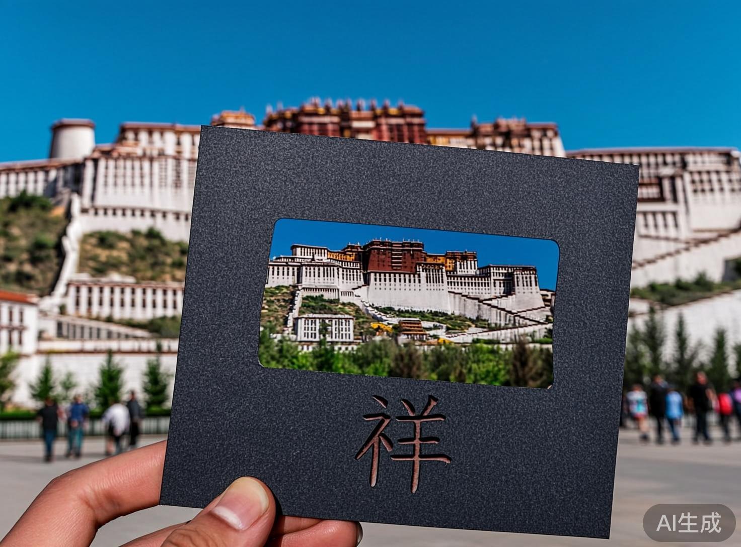 图中展示了一只手拿着一张深灰色的磨砂质感卡片，背景是宏伟的布达拉宫。卡片中心有一个矩形镂空窗口，透过窗口可以看到色彩鲜艳、构图完整的布达拉宫全景，而背景中的真实建筑则处于虚化模糊状态。卡片下方刻有一个巨大的汉字“祥”。整幅画面以蓝天为背景，色调明亮，呈现出一种“画中画”的艺术效果。

然而，画面中存在明显的 AI 生成缺陷：首先，手持卡片的手指比例略显僵硬，指甲形状不够自然；其次，卡片上的镂空窗口边缘过于锐利，与透过的风景在透视上略有脱节，显得不够真实；最显著的错误在于卡片下方的“祥”字，其左侧的“示字旁”多了一横，变成了错误的字形。此外，背景中虚化的人物身影轮廓模糊且不完整，缺乏真实的肢体细节。