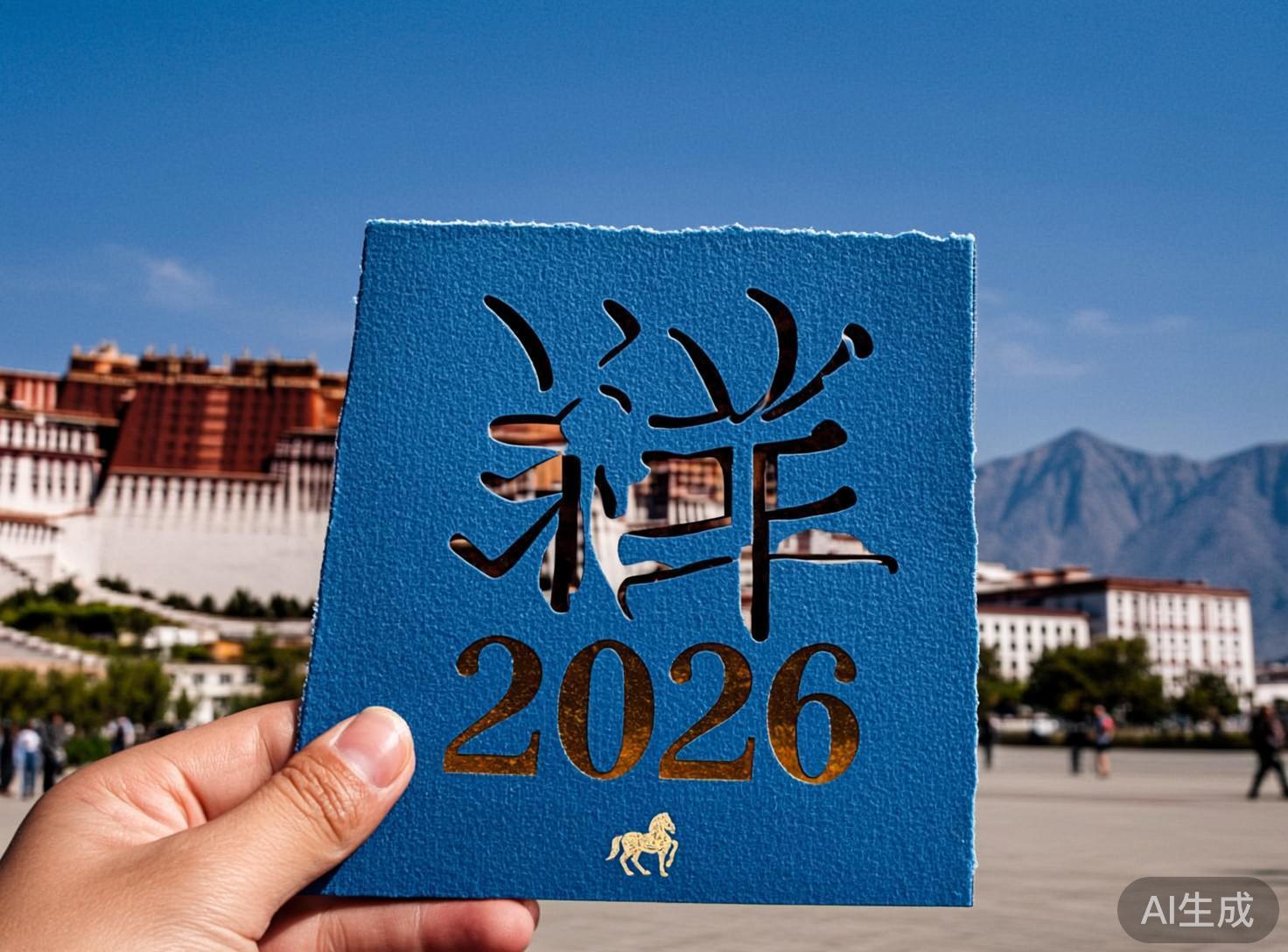 图中展示了一只左手拿着一张蓝色正方形卡片，背景是宏伟的布达拉宫和连绵的群山。卡片质感粗糙，边缘有不规则的撕裂痕迹，中心镂空刻有一个复杂的汉字，下方印有金色的数字“2026”和一个微小的马形图案。背景中的布达拉宫红白相间，在明亮的蓝天和阳光下显得庄严肃穆。画面构图采用了前景特写与远景虚化相结合的方式，色彩以深蓝、砖红和天空蓝为主，整体氛围宁静。

然而，作为一张 AI 生成的图片，画面中存在明显的逻辑错误。首先，卡片中心镂空的汉字结构混乱，并非现实中的有效文字，笔画扭曲且无法辨认。其次，手持卡片的姿势略显生硬，大拇指的纹路处理不够自然。此外，背景中布达拉宫的建筑细节与真实景观相比存在简化和变形，左下角的人影也显得模糊且比例失调。这些特征共同揭示了图片的 AI 生成属性。