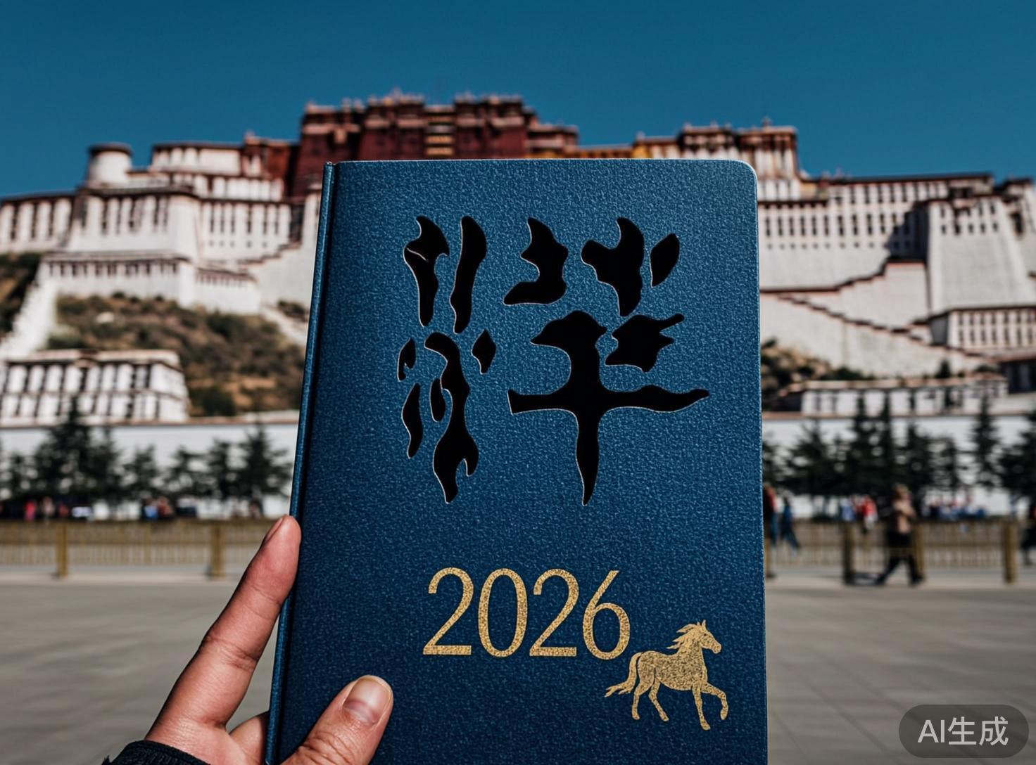 图中展示了一只手在户外举着一本深蓝色封面的笔记本，背景是宏伟的布达拉宫。画面构图采用浅景深效果，前景的笔记本清晰可见，而远处的布达拉宫和广场则处于模糊状态。笔记本封面上有黑色镂空的艺术字体，下方印有金色的数字“2026”和一匹奔跑的小马图案。背景中的布达拉宫在蓝天映衬下显得庄严，红白相间的建筑错落有致。

画面中存在明显的 AI 生成缺陷：首先，笔记本封面上的黑色艺术字体并非真实的汉字或藏文，而是扭曲且无意义的符号组合；其次，左侧托举笔记本的手部细节异常，手指的比例和关节连接处显得僵硬且不自然，指甲的形状也较为模糊。此外，背景中布达拉宫的窗户和建筑线条在放大后显得杂乱且不连贯，缺乏真实建筑的严谨结构。