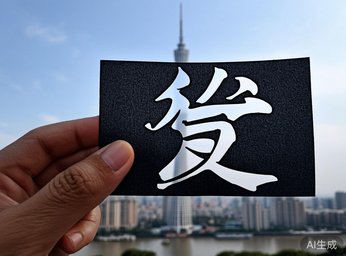 图中展示了一只左手拿着一张黑色卡片的近景。卡片上有一个白色的镂空字符，背景是蓝天下的城市景观，远处隐约可见一座类似广州塔的高耸电视塔。画面整体色调明亮，前景的手部皮肤纹理清晰。然而，作为一张 AI 生成的图片，画面存在明显的逻辑错误和缺陷：首先，卡片上的白色字符是一个“错别字”，它看起来像是“爱”字或“复”字的变形，但笔画结构完全错误，不属于任何标准汉字。其次，手部结构异常，大拇指的指甲形状不自然，且食指与卡片接触的位置透视关系混乱，手指仿佛直接嵌入了卡片边缘。此外，背景中的电视塔虽然轮廓清晰，但塔身细节模糊且比例略显失调，右下角还带有明显的“AI生成”水印。