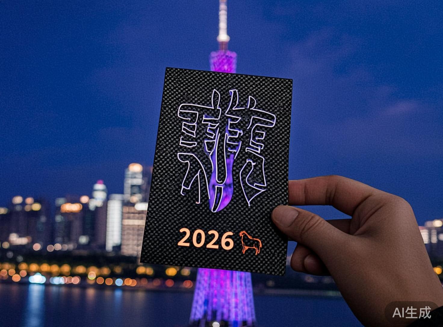 图中展示了一只右手正拿着一张黑色纹理卡片，背景是夜色下的城市江景。卡片中心有一个巨大的、由白色线条勾勒的异形符号，其中心透出紫色的光芒，下方印有橙色的数字「2026」和一个简笔动物图标。背景中，一座亮着紫色灯光的高塔（形似广州塔）矗立在画面中央，远处是模糊的城市建筑群和江面倒影，整体色调以深蓝、紫和黑为主。在 AI 生成的细节方面，存在明显的逻辑缺陷：卡片上的白色符号并非真实的汉字或已知文字，线条结构混乱且无意义；持卡的手部比例略显僵硬，大拇指与食指的捏握姿势与卡片的受力点不完全匹配；此外，背景高塔的塔尖部分与卡片边缘的遮挡关系处理得不够自然，呈现出一种生硬的叠加感。