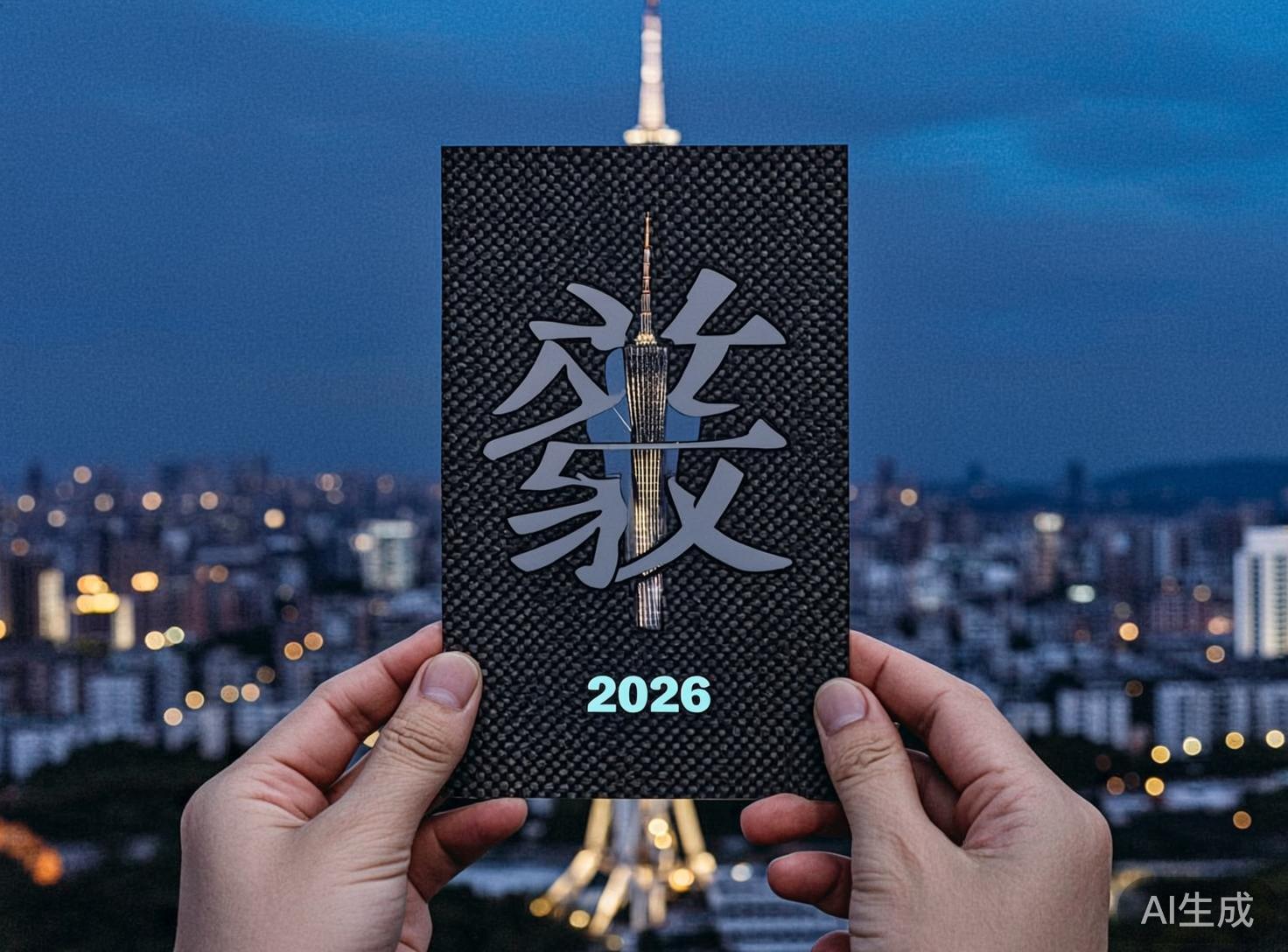 图中展示了一双人手在黄昏或夜晚的城市背景前，平举着一张黑色纹理的矩形卡片。背景是模糊的城市夜景，灯火点点，远处隐约可见一座高耸的电视塔。卡片中心有一个巨大的灰色艺术字，其形状融合了汉字“发”的笔画与电视塔的轮廓，下方印有白色的年份数字“2026”。整体色调偏冷，以深蓝色和黑色为主，点缀着暖黄色的灯光。

在 AI 生成的细节方面，存在明显的逻辑和结构缺陷：首先，卡片中心艺术字的笔画结构混乱，并非标准的汉字，看起来像是随机组合的符号；其次，手部细节处理不自然，左手大拇指的指甲形状略显畸形，且手指与卡片边缘的接触显得生硬。最明显的异常在于透视关系，背景中的电视塔顶端从卡片上方露出来，而卡片图案中的塔尖却与之并不完全对齐，给人一种视觉上的割裂感。此外，画面右下角标有“AI生成”字样。