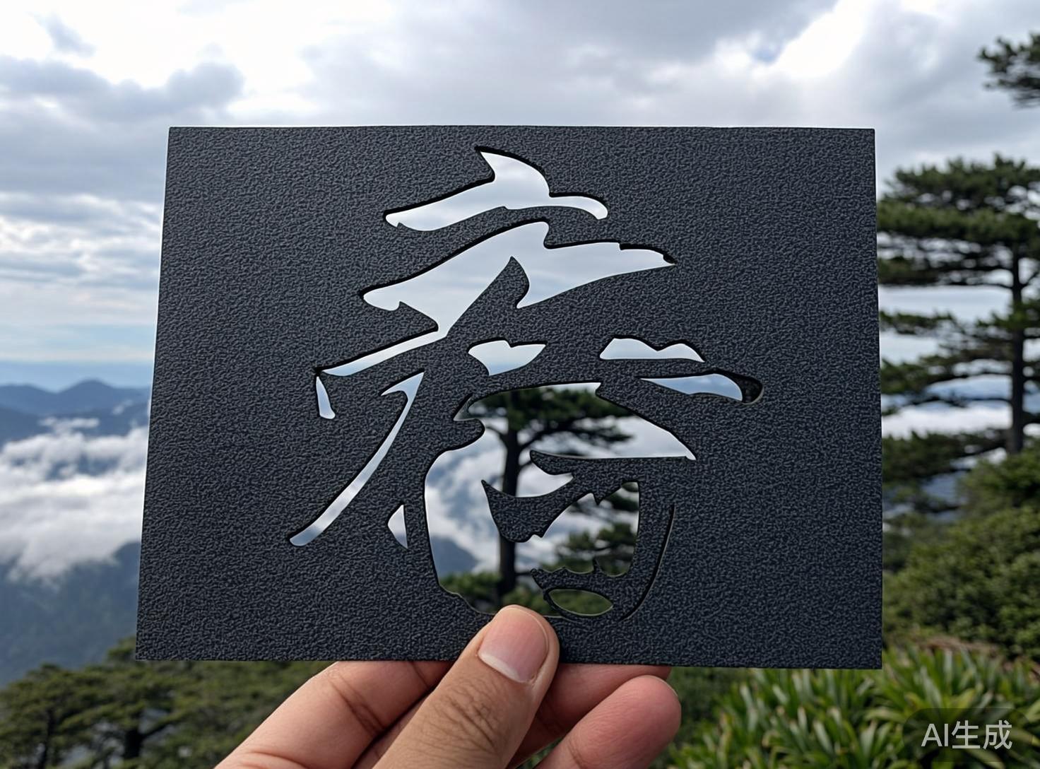 画面中，一只手正举着一张深灰色的长方形磨砂卡片，背景是壮丽的高山云海。卡片中心采用了镂空设计，透过镂空部分可以看到远处的蓝天、白云和翠绿的松树。构图上，卡片占据了视觉中心，远景的群山在云雾中若隐若现，整体色调清新自然。然而，这张图片存在明显的 AI 生成缺陷：最突出的问题是卡片上的镂空文字，它看起来试图模仿汉字“春”或“泰”，但笔画结构完全错误，是一组没有任何实际意义的乱码线条。此外，持卡人的手指细节也显得不自然，大拇指的指甲形状略显生硬，且手指与卡片边缘的接触位置缺乏真实的物理压痕。右下角虽然标有“AI生成”字样，但镂空处透出的背景树木与卡片边缘的衔接也略显生硬，缺乏真实的透视深度感。