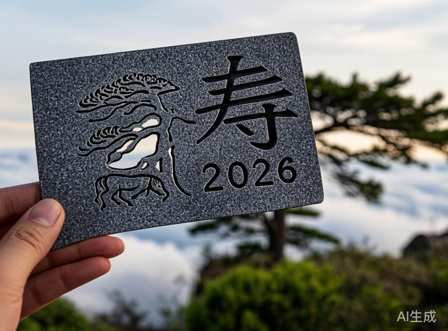 图中展示了一只左手拿着一张灰色花岗岩质感的矩形薄片，背景是模糊的高山云海与松树。薄片上采用了镂空设计，左侧是一个复杂的松树图案，下方似乎还带有一个类似动物的轮廓；右侧上方是一个巨大的汉字“寿”，下方刻有数字“2026”。整体构图以手持卡片为中心，色调偏冷，营造出一种在山巅祈福的氛围。

画面中存在明显的 AI 生成缺陷：首先，汉字“寿”的笔画结构异常，顶部多出了不自然的横划，且整体间架结构不符合常规书法或字体逻辑；其次，左侧的松树镂空图案线条杂乱，缺乏合理的植物生长逻辑，下方的动物形象也模糊不清，难以辨认具体物种；最后，拿卡片的手指边缘略显生硬，与卡片的接触面透视关系不够自然。