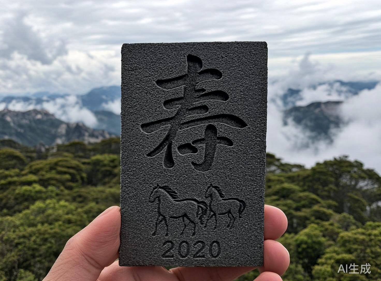 图中展示了一只手正举着一块深灰色、质感粗糙的长方形石牌，背景是壮丽的高山云海。石牌占据了画面中心，上方深深刻有一个巨大的汉字，其字形介于“寿”与“春”之间，笔画圆润且有明显的下凹立体感；石牌下方刻有两匹并排奔跑的马的轮廓，以及数字“2020”。背景中，连绵的青翠山峦在浓厚的白云中若隐若现，天空呈现出阴天特有的灰白色。

作为一张 AI 生成的图片，画面存在几处明显的逻辑缺陷：首先，石牌上方的汉字并非标准字体，其下半部分的结构属于生造，无法准确辨认；其次，下方的两匹马在重叠处线条混乱，马腿的数量和位置显得模糊不清，缺乏合理的透视关系；此外，手持石牌的指尖边缘与石块结合处过于平滑，缺乏自然的压痕与物理接触感，整体光影略显生硬。