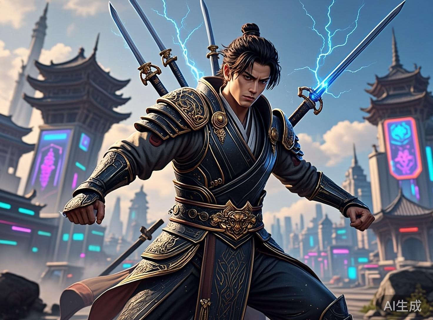 图中展现了一位英姿飒爽的年轻男性剑客，他身处一个融合了古代建筑与未来科技感的赛博朋克风格城市中。剑客面容冷峻，扎着发髻，身穿一套精致的黑金配色中式盔甲，背负着多把长剑，其中一把剑正散发出耀眼的蓝色闪电。背景是蓝天白云下的层叠楼宇，古风塔楼上点缀着霓虹灯光。在 AI 生成的细节方面，画面存在明显的逻辑错误：剑客背后的长剑悬浮在空中，缺乏合理的剑鞘或背带支撑；他左手握拳的姿势略显僵硬，手指关节的结构不够自然；此外，背景中左侧塔楼的透视与主体人物的比例略有失调，且部分霓虹灯纹理模糊不清，呈现出典型的 AI 算法合成痕迹。
