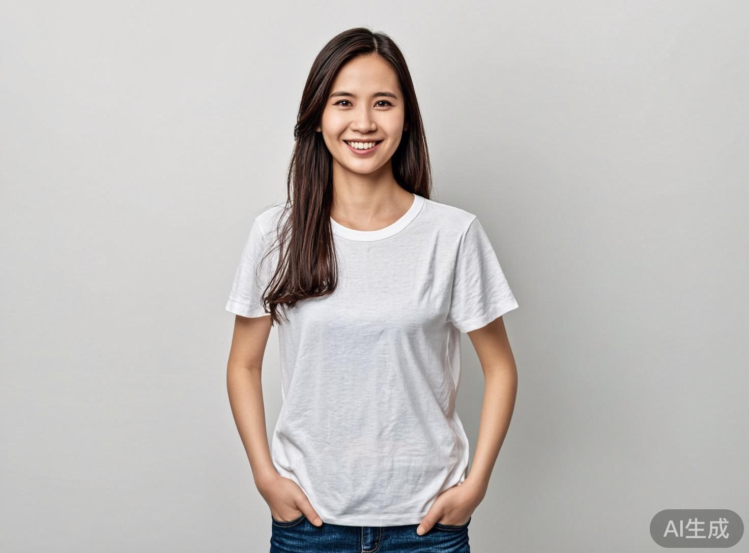 图中展示了一位面带灿烂笑容的长发亚洲女性，她正对着镜头，身体微微前倾。她留着深棕色的长发，自然地垂落在肩膀两侧。她穿着一件简约的纯白色短袖圆领T恤，下身搭配深蓝色牛仔裤，双手大拇指插在裤兜里，姿态显得轻松自信。背景是干净、均匀的浅灰色，光线柔和且分布均匀，营造出一种简洁的影棚人像风格。

在AI生成细节方面，画面整体比例协调，但在精细观察下可以发现一些逻辑缺陷：女性左侧（画面右侧）插在裤兜里的手部轮廓显得模糊且结构异常，手指的线条与裤兜边缘融合得不够自然；此外，T恤领口下方的阴影处理略显生硬，缺乏真实的布料褶皱层次感。画面右下角带有明显的“AI生成”灰色半透明水印。