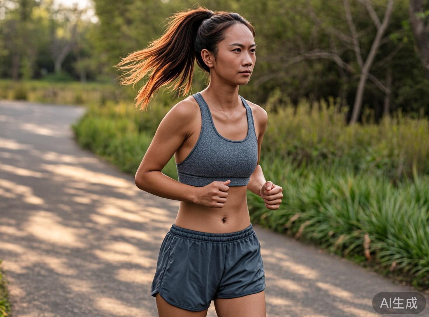 图中展示了一位年轻的亚洲女性在户外公园的小径上跑步的场景。她有着健康的小麦色皮肤，扎着高马尾，棕色的发丝在风中向后飘扬。她身穿灰色的运动背心和深灰色的运动短裤，眼神坚定地注视着前方。背景是充满绿意的树木和草丛，阳光透过树叶洒在地面上，形成斑驳的光影，整体氛围充满活力。

然而，画面中存在明显的 AI 生成缺陷。最显著的问题在于人物的手部：她的右手手指数量异常，且指节重叠、扭曲，看起来像是有多根手指挤在一起；左手的握拳姿势也显得不够自然。此外，人物的腹部线条略显生硬，马尾辫的发丝与背景交界处存在一些不自然的虚化。尽管构图和光影效果很出色，但这些细节上的逻辑错误揭示了其 AI 生成的本质。