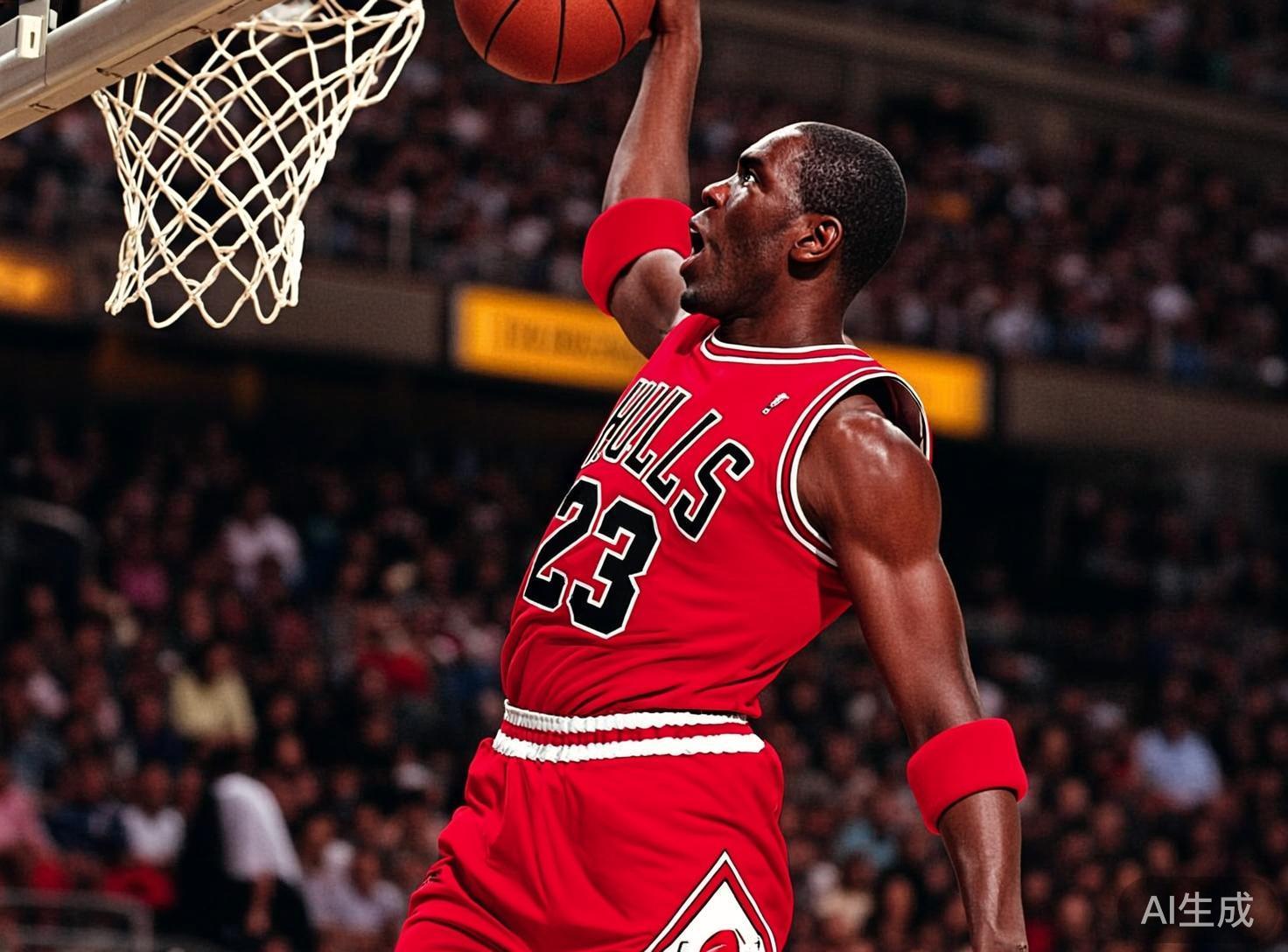 图中展示了一位身穿芝加哥公牛队 23 号红色球衣的非裔男运动员，正处于跃起扣篮的瞬间。他肌肉线条分明，右臂高举抓着篮球，左臂自然下垂，双臂都戴着红色护腕。背景是模糊的篮球馆观众席，左上角可以看到白色的篮网。整幅画面色彩浓烈，以红色为主色调，充满了运动的张力。

然而，画面中存在明显的 AI 生成缺陷：最显著的是运动员球衣上的文字错误，原本应为“BULLS”的字样被拼写成了“HULLS”，且字体边缘略显生硬。此外，运动员抓球的右手手指结构模糊，与球体的接触显得不自然。左侧篮筐的边缘金属结构也存在透视逻辑问题，显得不够平滑。这些细节揭示了图片并非真实的摄影作品，而是由人工智能合成的。
