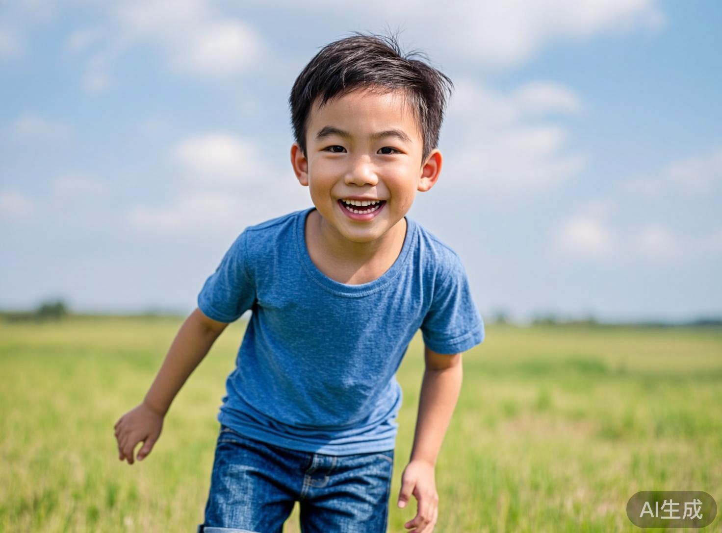 图中展现了一个阳光明媚的户外场景，一名约五六岁的东亚男孩正对着镜头开怀大笑。男孩留着利落的黑色短发，身穿一件灰蓝色的短袖圆领 T 恤和深蓝色牛仔裤，身体略微前倾，仿佛正在草地上奔跑或玩耍。背景是广阔的绿色草地和清澈的蓝天白云，整体色调明亮、自然，给人一种充满活力的感觉。构图上采用了中近景，男孩位于画面中心，背景带有柔和的虚化效果。

在 AI 生成的细节方面，画面存在几处明显的逻辑缺陷：首先是男孩的手部，右侧（画面左下角）的手掌形状模糊且手指数量异常，左侧（画面右下角）的手指也显得扭曲且比例失调。其次，男孩的牙齿排列过于细密且整齐得不自然，缺乏真实的生理结构。此外，背景草地与男孩身体交界处的边缘处理略显生硬，右下角还带有明显的“AI 生成”水印。