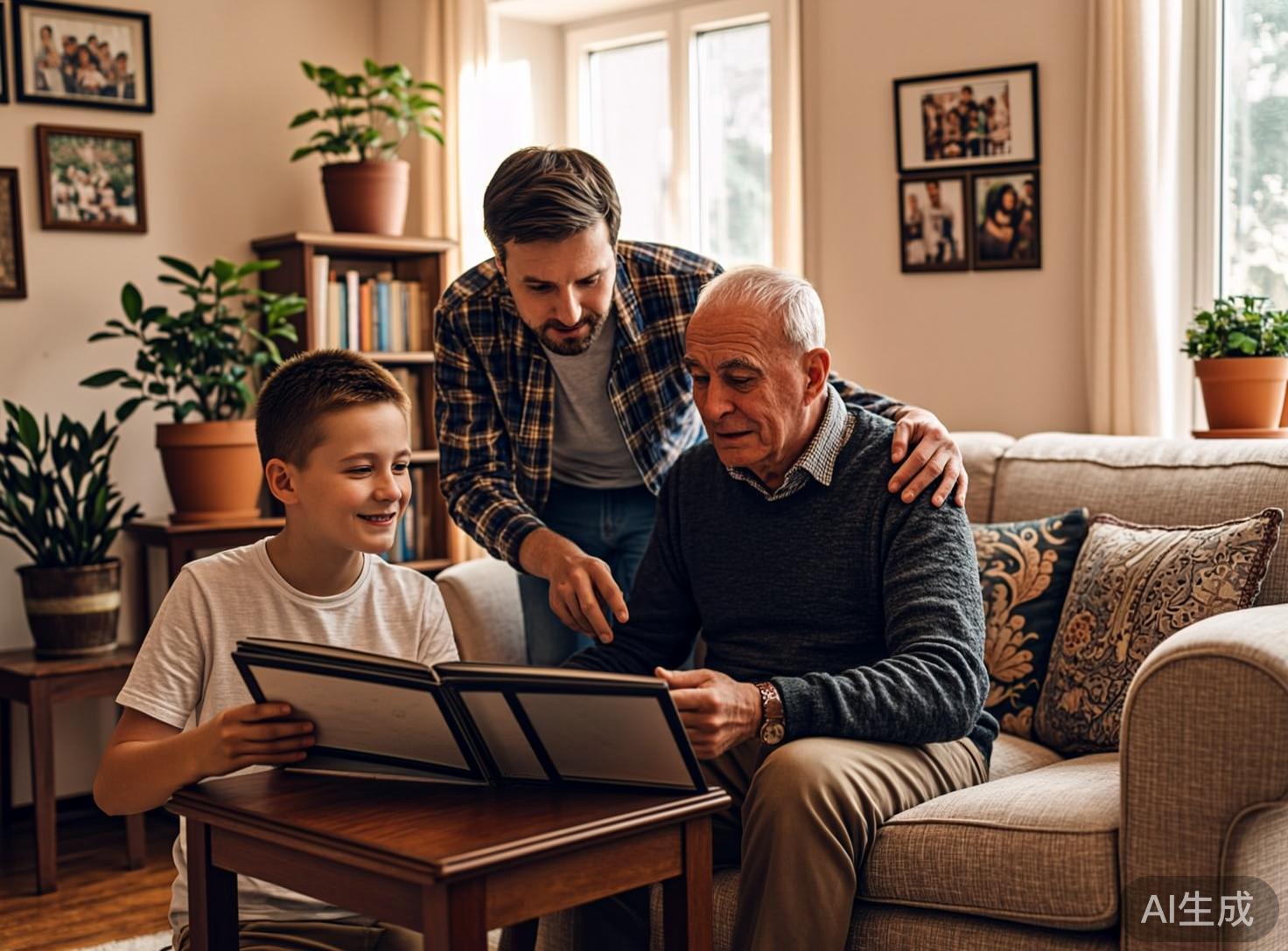 图中展现了一个温馨的室内场景，祖孙三代人正围坐在一起翻看相册。画面中央是一位白发苍苍的老年男性，他穿着深灰色毛衣坐在浅色布艺沙发上；左侧是一位穿白 T 恤的小男孩，正笑容灿烂地扶着相册；中间是一位穿着格子衬衫的中年男子，他身体前倾，一只手搭在老人肩上，另一只手指着相册。背景是充满生活气息的客厅，有木质书架、多盆绿色植物和挂满照片墙的相框，光线从窗外洒入，色调温暖和煦。

画面存在明显的 AI 生成缺陷：中年男子搭在老人肩膀上的手部结构异常，手指数量和关节连接显得杂乱且不自然；他指向相册的另一只手，手指形状也较为模糊且比例失调。此外，背景墙上的照片内容模糊不清，呈现出扭曲的色块，书架上的书籍脊背缺乏细节，相册内部的页面也完全是空白的，缺乏真实的影像内容。