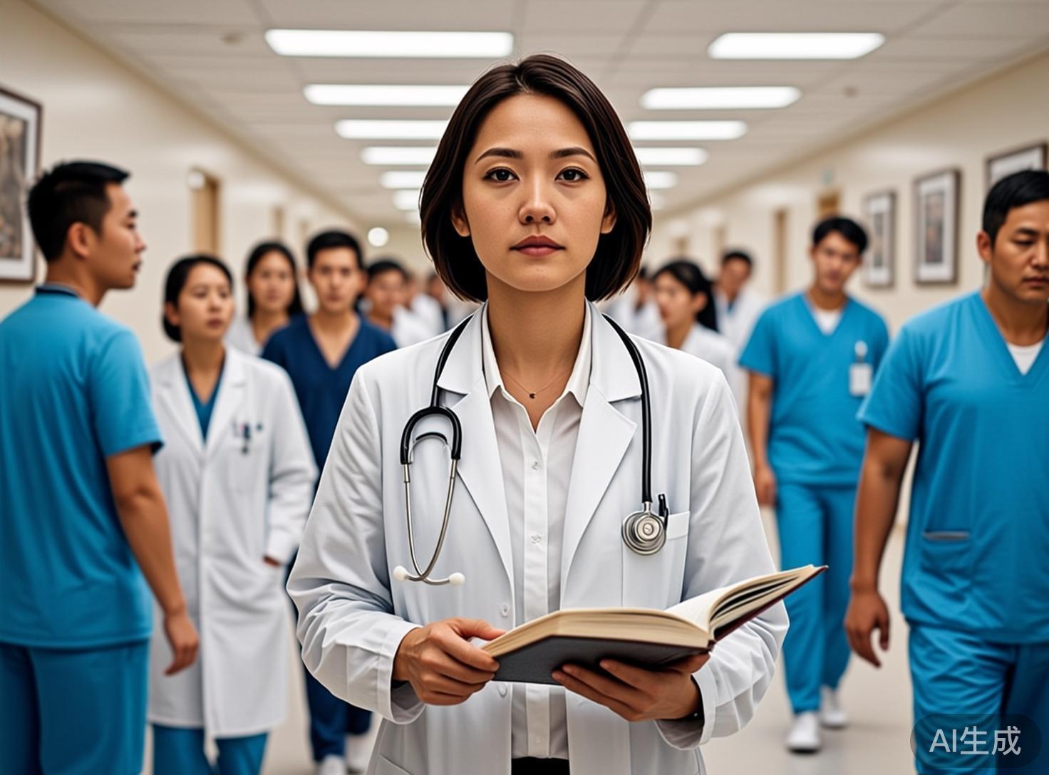 图中展示了一个繁忙的医院走廊场景，一位留着深色短发的亚洲女性医生站在画面中央。她神情严肃，穿着白大褂和浅色衬衫，颈部挂着一副黑色听诊器，双手捧着一本翻开的书。在她身后，许多穿着蓝色刷手服或白大褂的医护人员正走动或站立，背景呈现出明显的透视感，天花板上的长条形灯光向远方延伸。画面色调以白色和蓝色为主，整体氛围专业且忙碌。

在 AI 生成的细节方面，存在几处明显的缺陷：首先，中心女医生的手部结构异常，手指显得僵硬且比例不自然，尤其是握书的左手手指模糊不清。其次，她颈部的听诊器结构逻辑错误，耳管部分似乎直接悬浮或与衣领融合，缺乏合理的物理连接。此外，背景中人物的面部特征较为模糊扭曲，右侧一名穿着蓝色制服的男子手臂线条生硬，且其腰部的口袋细节显得杂乱。这些特征体现了 AI 在处理复杂人体结构和物体连接时的局限性。