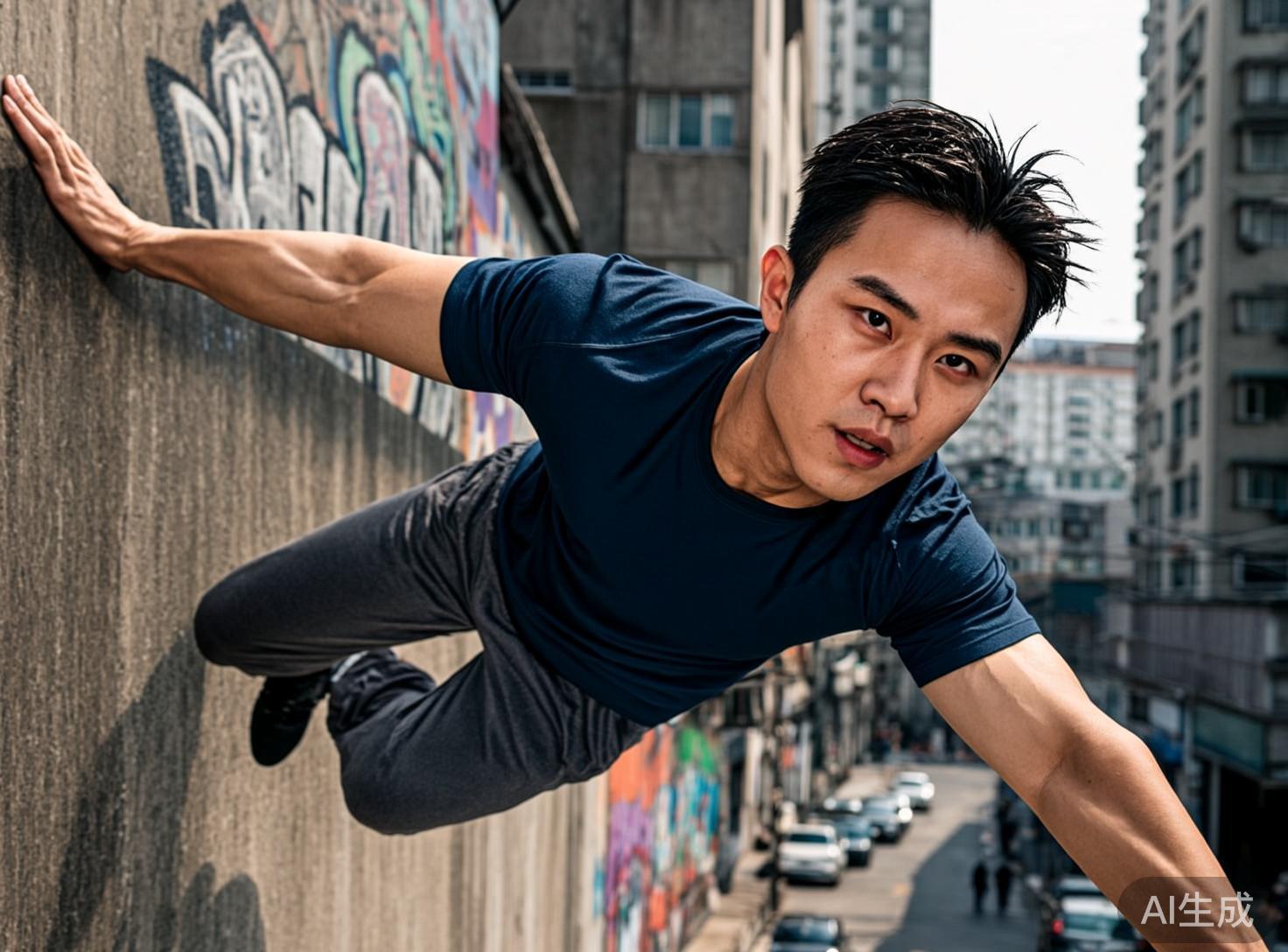 图中展示了一名年轻亚洲男性在城市环境中进行跑酷运动的瞬间。他身穿深蓝色短袖 T 恤和灰色运动裤，身体呈水平姿态悬浮在半空，左手撑在左侧带有彩色涂鸦的高墙上，右手向画面右下方伸展。背景是充满生活气息的城市街道，可以看到密集的住宅楼和停放的车辆，整体色调偏向写实的冷色调，光影对比强烈。

画面中存在明显的 AI 生成缺陷：最显著的是人物的左手，手指数量异常且关节扭曲，与墙面的接触逻辑不合理；人物的下半身与躯干的连接显得生硬，双腿的透视关系模糊，仿佛凭空漂浮而缺乏发力感。此外，右臂的肌肉线条在手肘处显得有些不自然，背景中远处的建筑细节也存在一定的结构混乱。这些特征共同指向了这是一张由人工智能合成的图像。