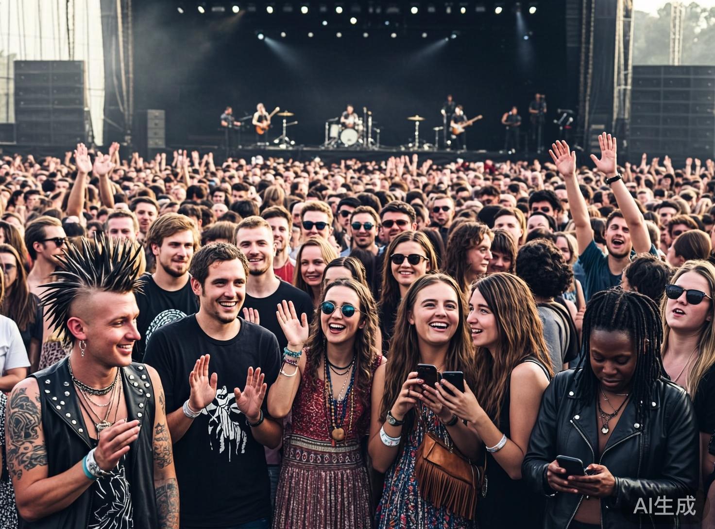 画面中展示了一个热闹的户外音乐节现场，成百上千的观众聚集在舞台前。前景中，几位年轻人正对着镜头欢笑，左侧一名男子留着夸张的朋克式尖刺发型，穿着黑色皮背心；中间的女性戴着墨镜，正兴奋地挥手。背景是一个巨大的露天舞台，隐约可见乐队成员和乐器，整体色调温暖且充满活力。

然而，画面存在多处明显的 AI 生成缺陷：首先，人物的手部结构严重畸形，例如前景男子的手掌比例失调，多名观众挥舞的手指数量不对且纠缠在一起。其次，人群中许多面孔模糊且扭曲，呈现出不自然的重叠感。此外，前景女性手中的手机形状怪异，与手指融合在了一起。舞台上的乐手动作僵硬，乐器细节模糊不清，透视关系也显得有些混乱。