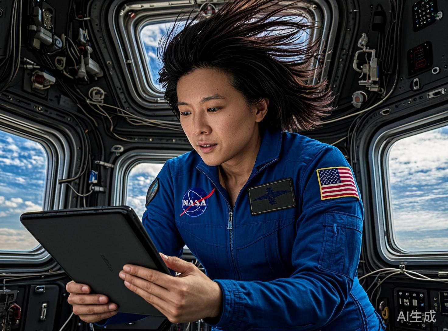 图中展示了一位身着蓝色宇航服的亚裔女性宇航员，她正身处空间站的观测舱内，专注地操作着手中的平板电脑。她的深色长发在失重环境中向上飘散，呈现出放射状的动感。宇航服上清晰可见 NASA 的标志和美国国旗臂章。背景由数个圆角矩形舷窗组成，窗外是蔚蓝的地球大气层和白云。舱内布满了复杂的电缆、开关和精密仪器，整体色调以深灰和科技蓝为主，光线柔和且具有写实感。

在 AI 生成细节方面，画面存在一些明显的逻辑与结构缺陷：宇航员左手的大拇指关节连接处显得异常僵硬且比例失调，指甲形状不够自然；右手的握持姿势与平板边缘的衔接略显生硬。此外，宇航服上的 NASA 标志文字略有变形，并非完全标准的官方字体。背景中复杂的线缆在交汇处出现了透视重叠错误，部分金属构件的轮廓显得模糊且缺乏合理的机械结构逻辑。