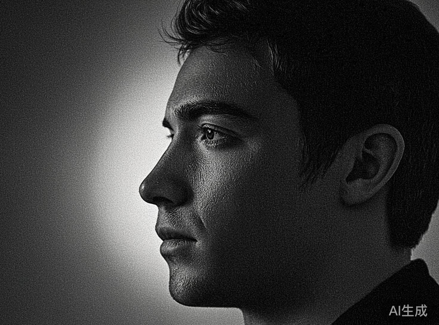 图中展现了一张年轻男性的黑白侧脸近照。画面构图紧凑，男子面朝左侧，光线从左前方射入，在他脸部的轮廓边缘形成了一道明亮的亮边，而脸颊和耳朵部分则深陷在浓重的阴影中，营造出一种深沉、忧郁的艺术氛围。他的皮肤纹理非常清晰，甚至显得有些粗糙，带有明显的颗粒感。男子的眼神深邃，鼻梁高挺，嘴唇微闭，头发略显凌乱。背景是简约的灰黑色渐变，左侧有一团柔和的圆形亮光。在 AI 生成的细节方面，画面存在一些不自然之处：男子的睫毛过于细密且排列异常整齐，缺乏真实毛发的随机感；耳朵的内部轮廓结构显得有些模糊和简化，与面部极高清晰度的皮肤纹理在质感上略显脱节。此外，整张图片的噪点分布过于均匀，呈现出一种数字合成的刻意感。