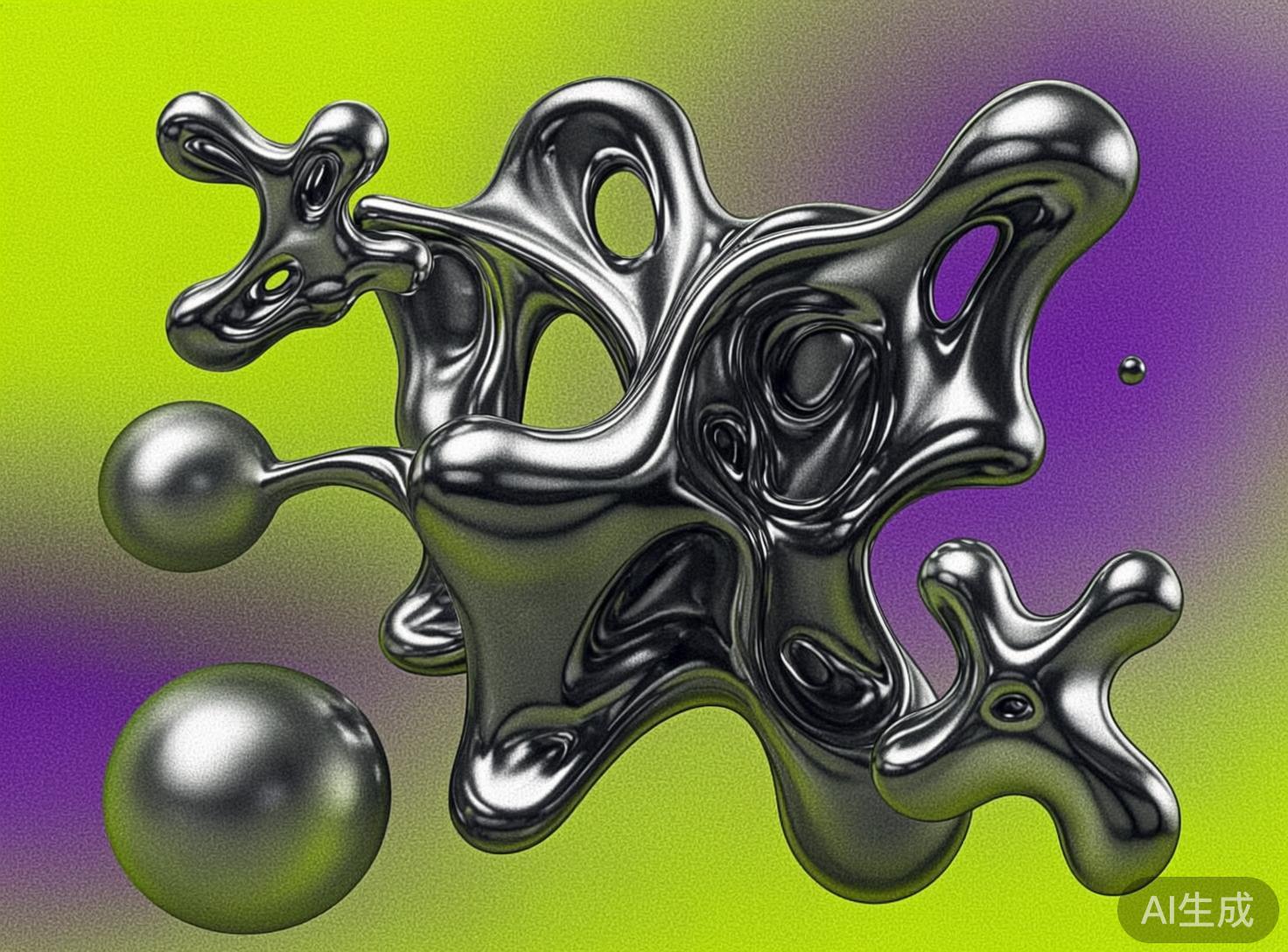 画面中呈现了一个充满未来感的抽象艺术场景。主体是一组具有液态金属质感的银色不规则物体，它们像熔化的水银一样在空中流动、穿插，形成了复杂的镂空结构和圆润的突起。这些金属物体表面具有极高的反光度，呈现出细腻的明暗变化。背景采用了鲜艳的对比色，由明亮的柠檬黄和深邃的紫色组成，色彩交界处带有明显的颗粒感和渐变效果。在主体周围，还漂浮着几个大小不一的金属球体。作为 AI 生成的图像，画面中存在一些逻辑上的不自然之处：金属表面的反射光影显得有些杂乱，并没有映射出周围具体的环境颜色，而是呈现出一种随机的黑白灰纹理；此外，部分金属分支的连接处显得过于突兀，缺乏真实的物理重力感和流体动力学逻辑，整体呈现出一种超现实的数字合成感。